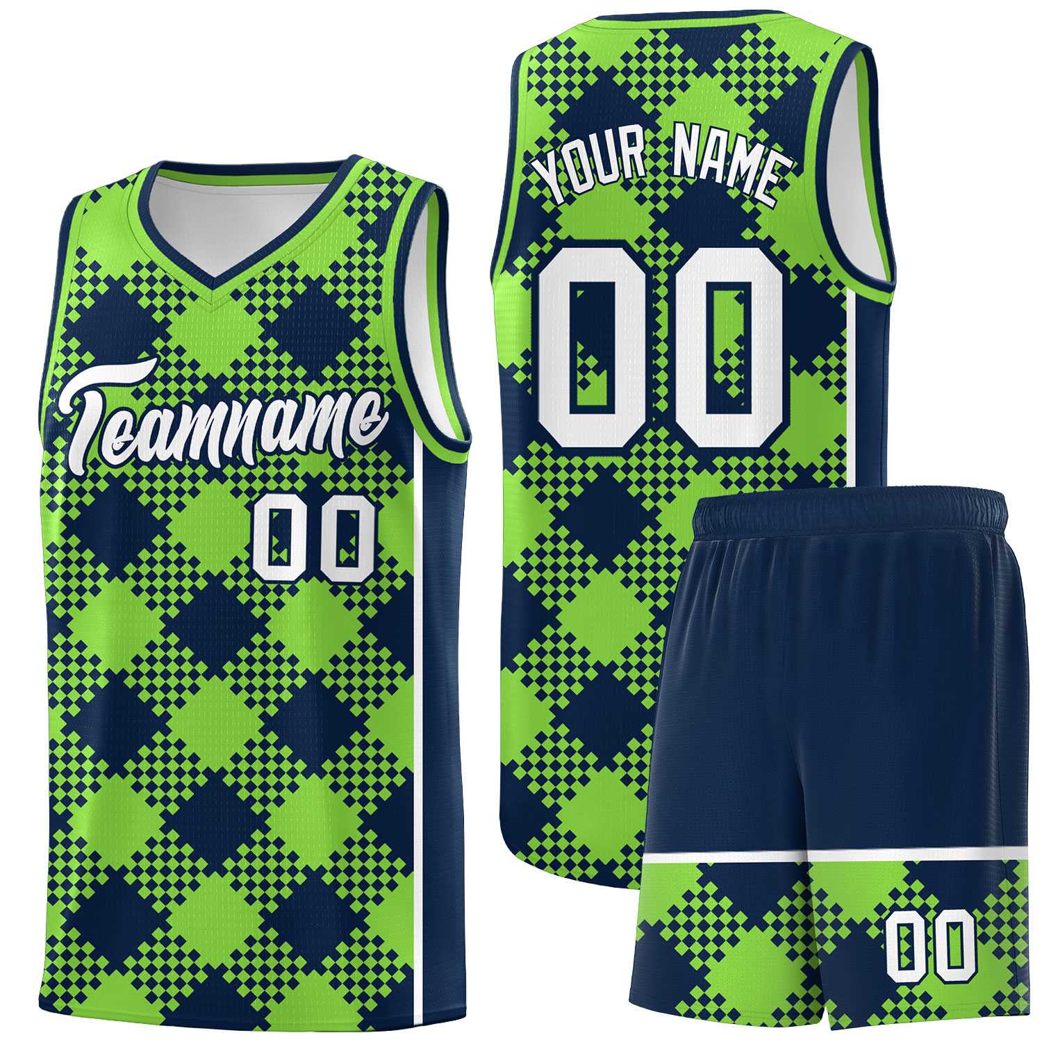 Personalized Fluorescent Green Navy-White Grid Basketball Kits