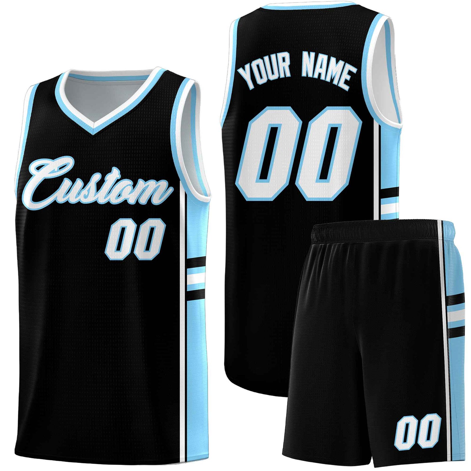 Custom Youth Basketball Jersey - Black Light Blue Two-Tone Classic Varsity Uniform