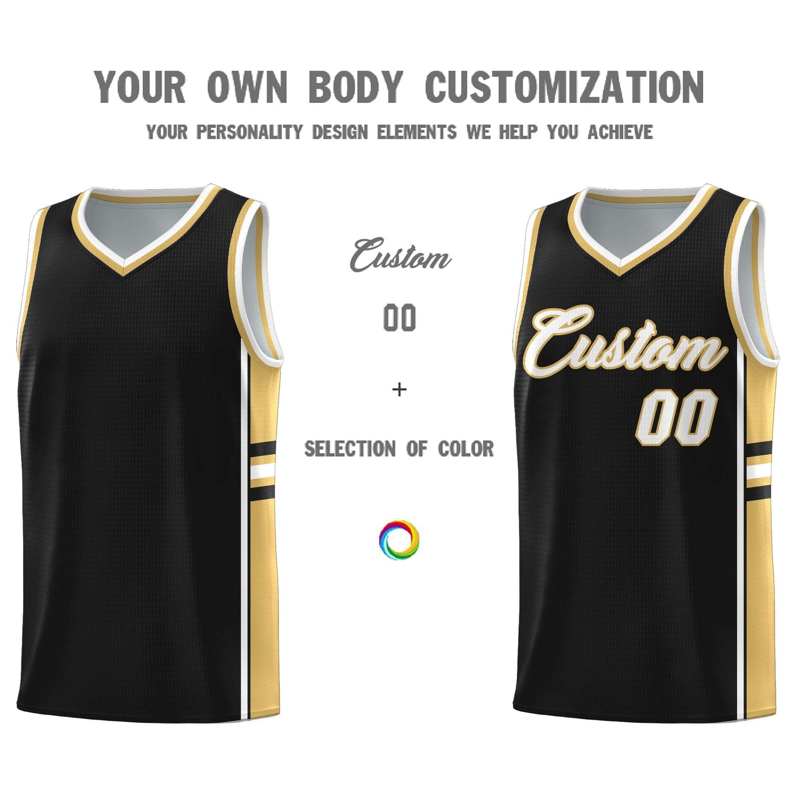 Custom Youth Basketball Jersey - Black Old Gold Two-Tone Classic Varsity Uniform