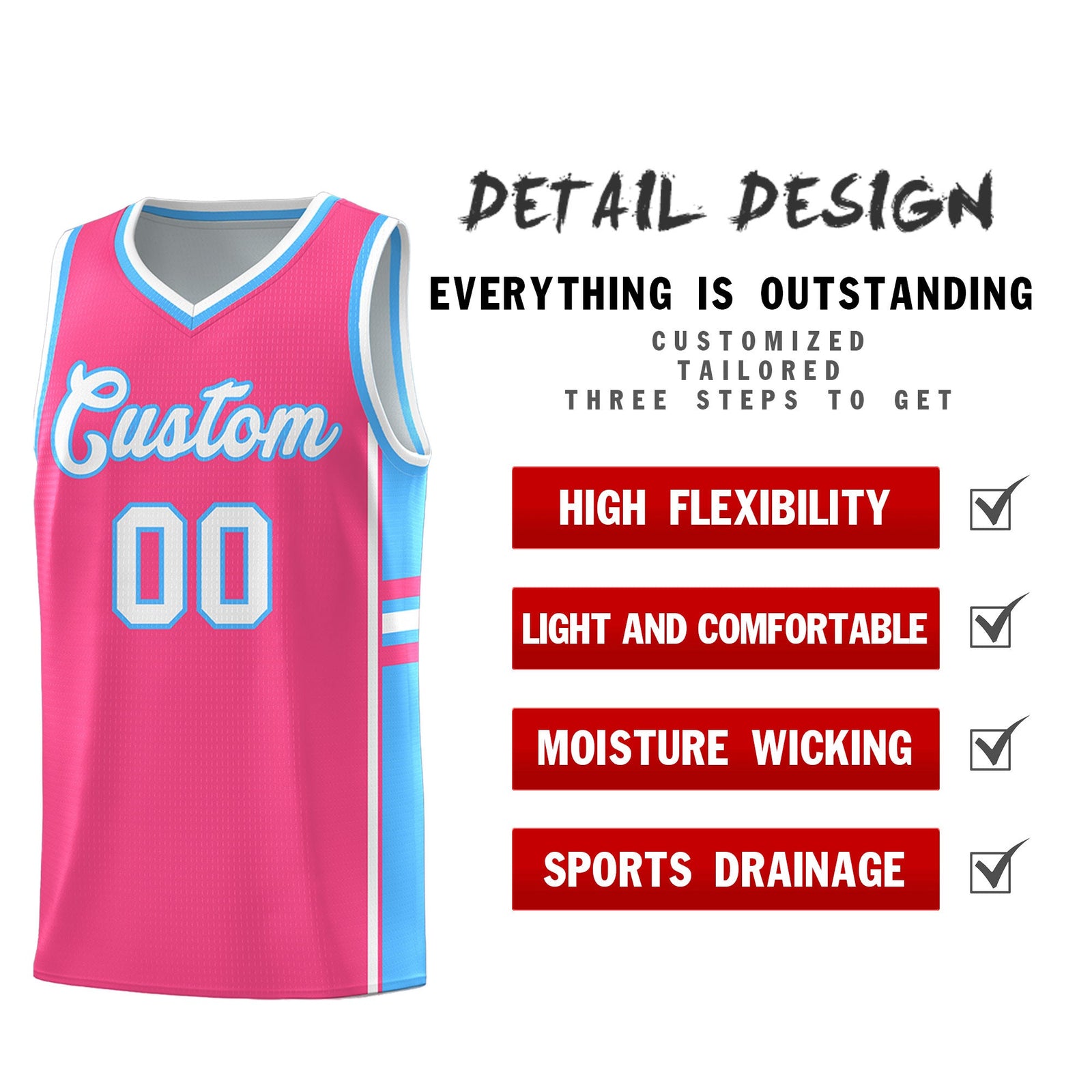 Custom Youth Basketball Jersey - Pink Powder Blue Two-Tone Classic Varsity Uniform