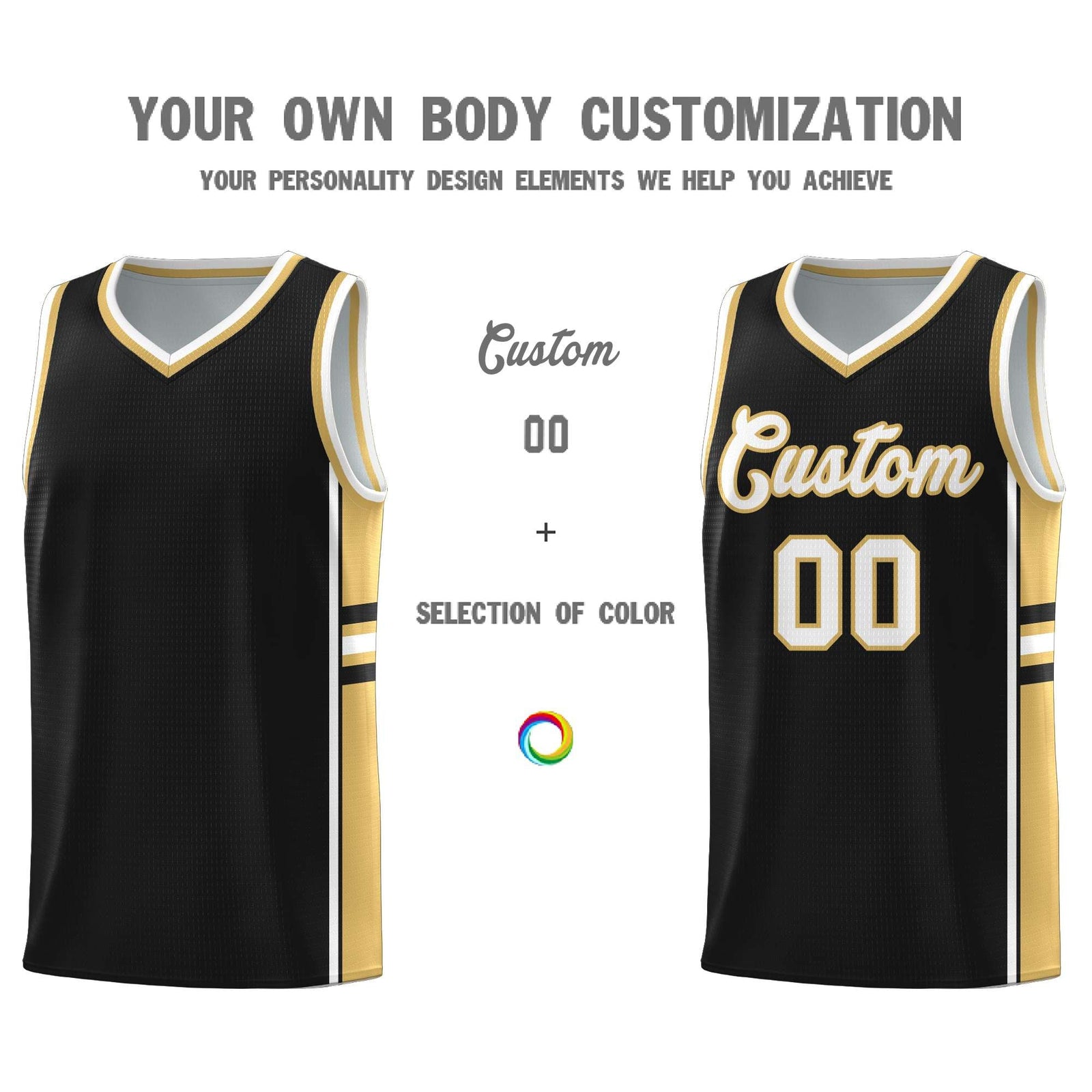 Custom Youth Basketball Jersey - Black Old Gold Two-Tone Classic Varsity Uniform