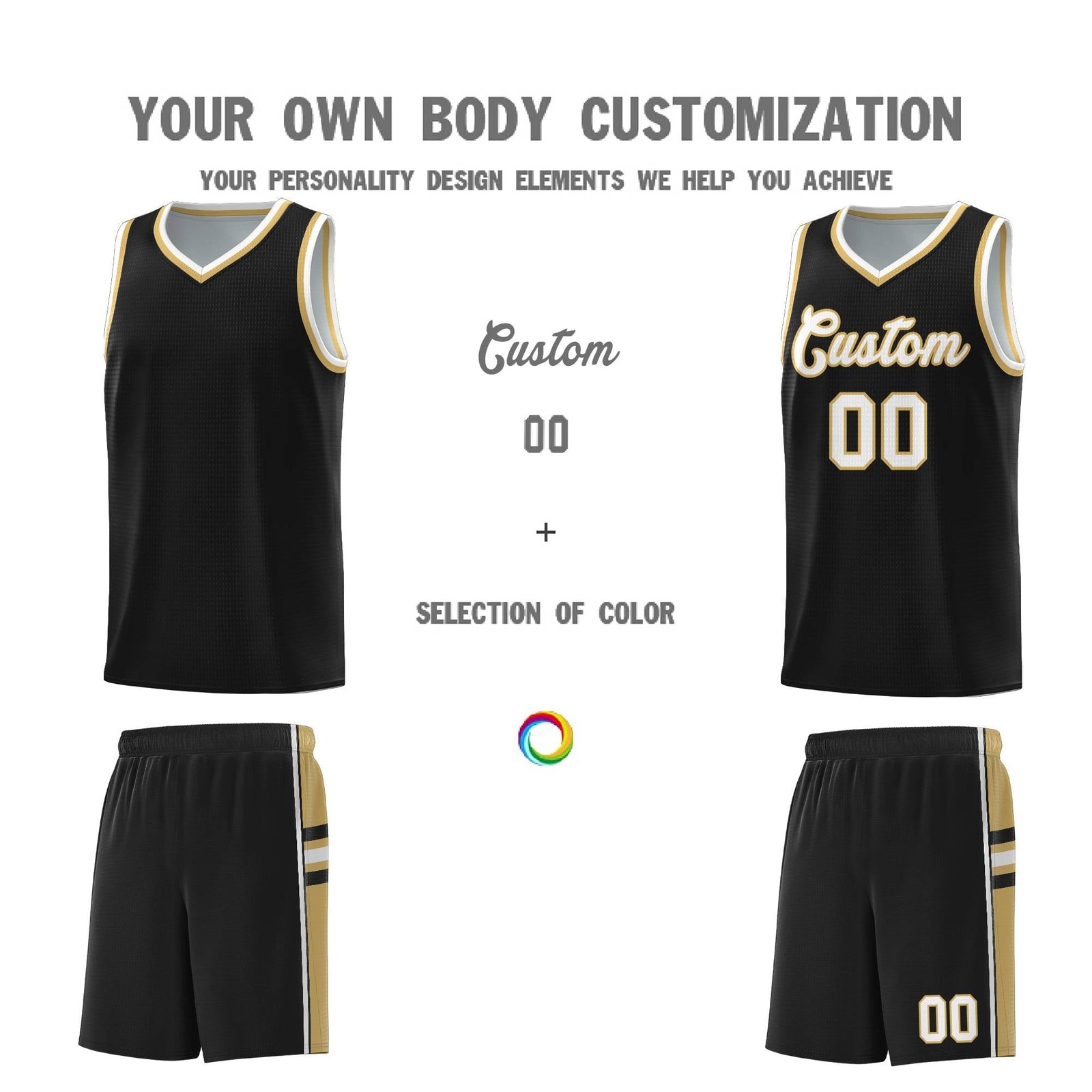 Custom Youth Basketball Jersey - Black Old Gold Two-Tone Classic Varsity Uniform