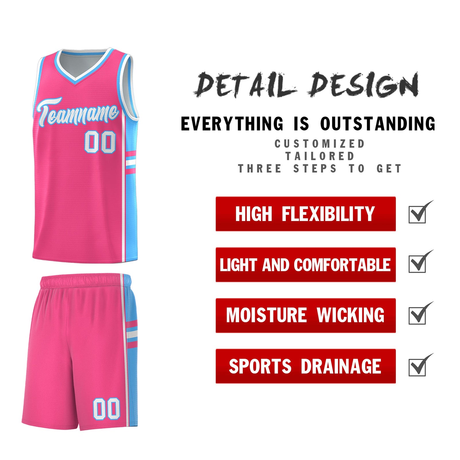 Custom Youth Basketball Jersey - Pink Powder Blue Two-Tone Classic Varsity Uniform