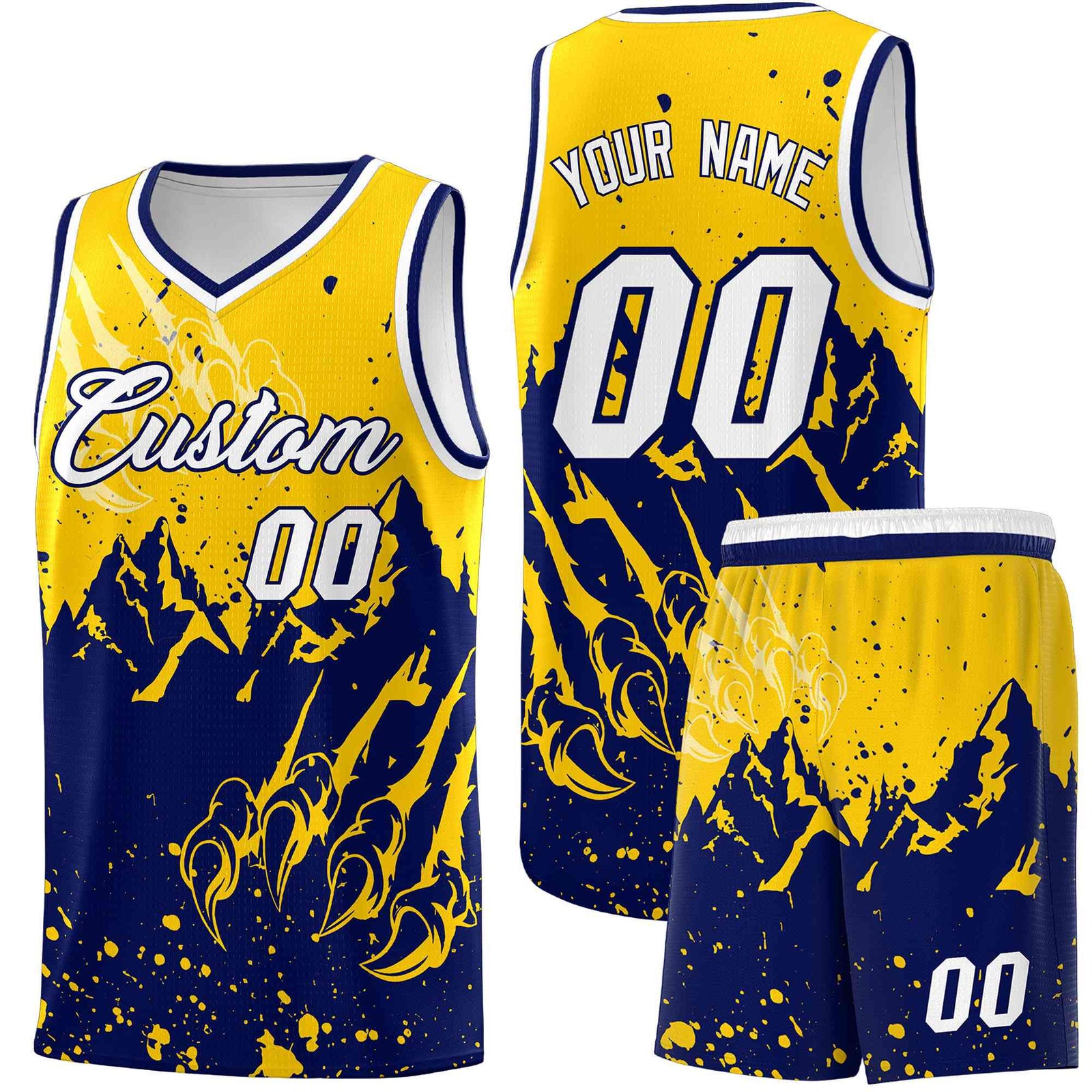 Custom Gold Navy Snow Mountain Beast Pattern Sports Uniform Basketball Jersey