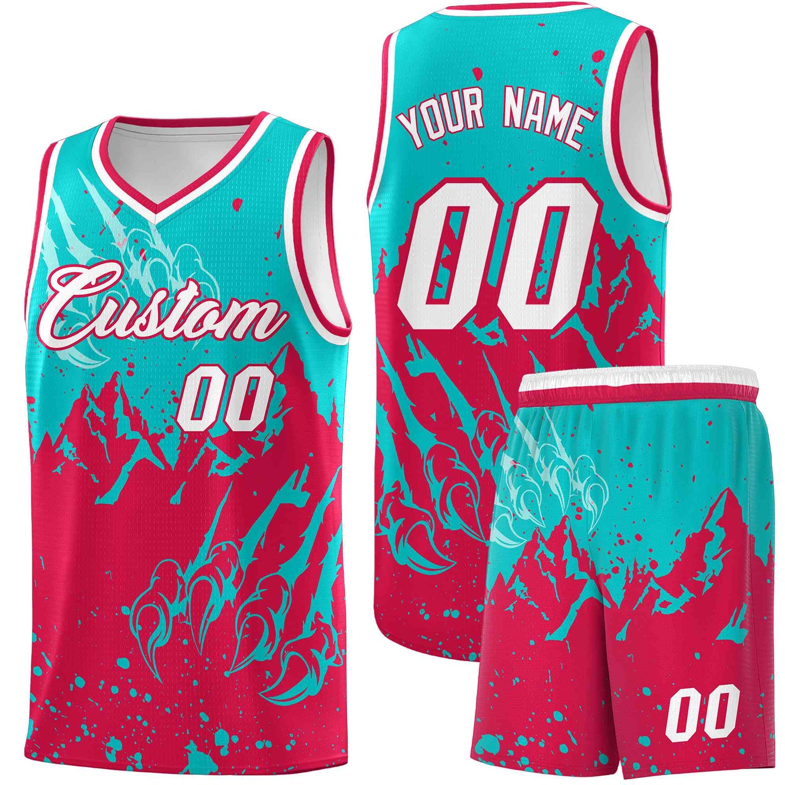 Custom Aqua Red Snow Mountain Beast Pattern Sports Uniform Basketball Jersey