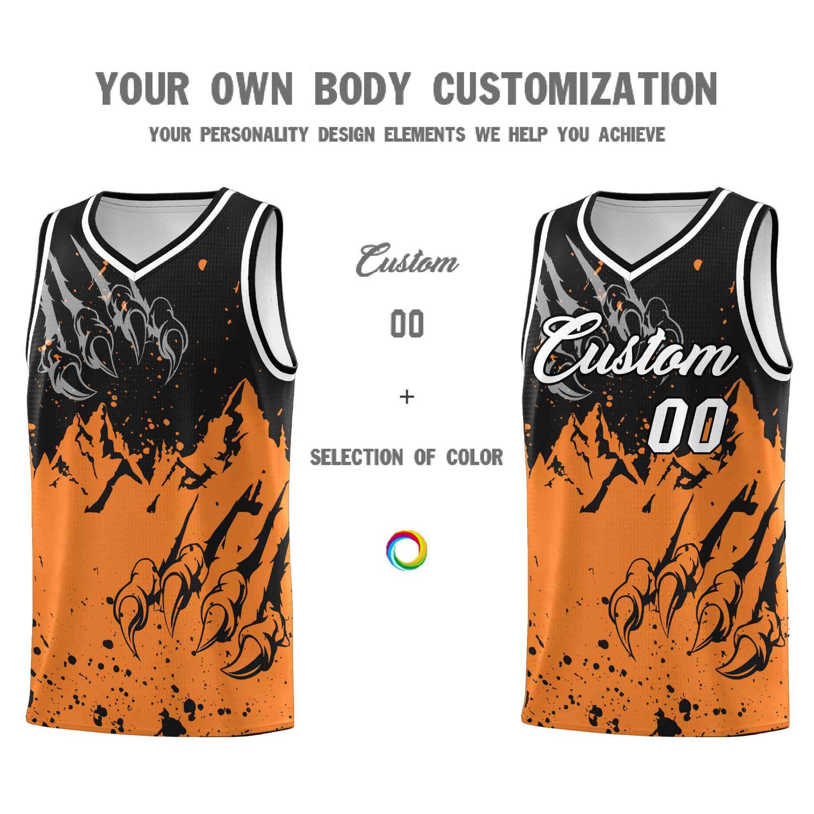 Custom Black Gold Orange Snow Mountain Beast Pattern Sports Uniform Basketball Jersey