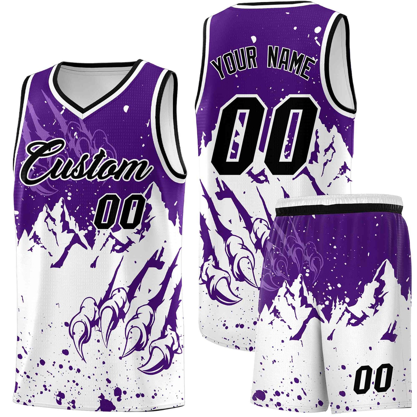 Custom Purple White Snow Mountain Beast Pattern Sports Uniform Basketball Jersey