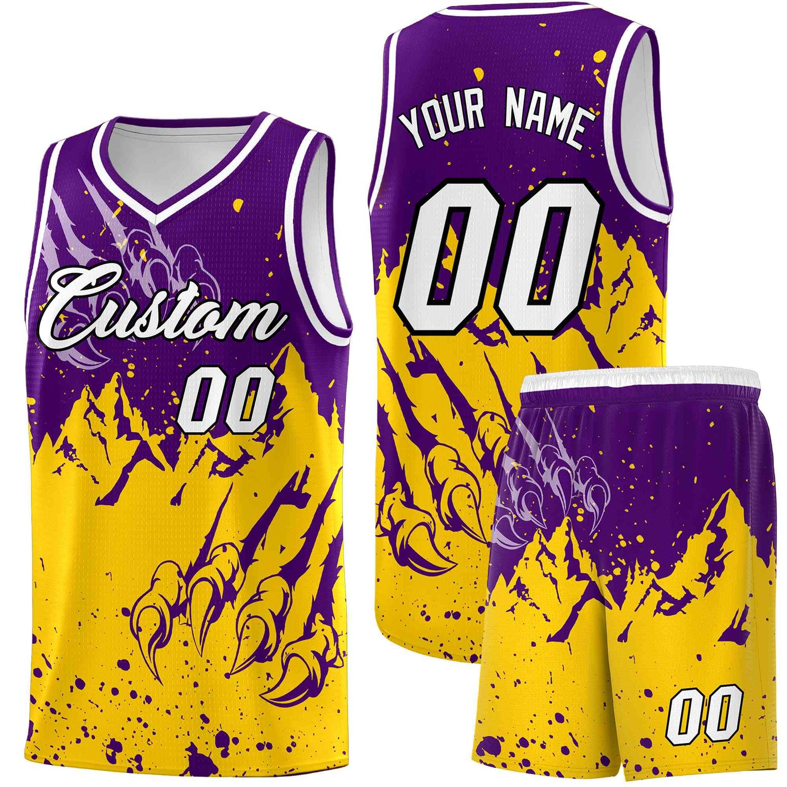 Custom Purple Gold Snow Mountain Beast Pattern Sports Uniform Basketball Jersey