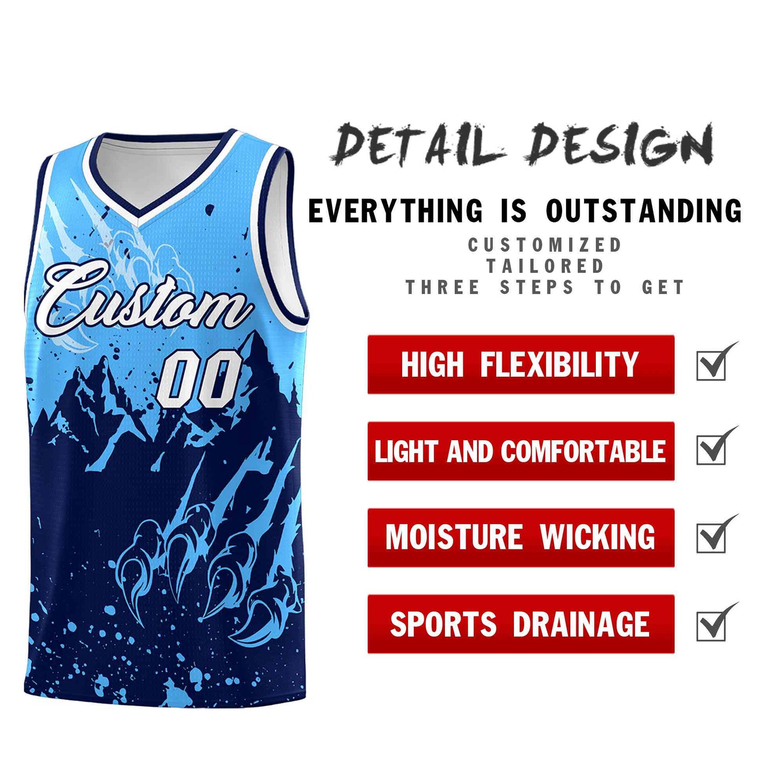 Custom Powder Blue Navy Snow Mountain Beast Pattern Sports Uniform Basketball Jersey