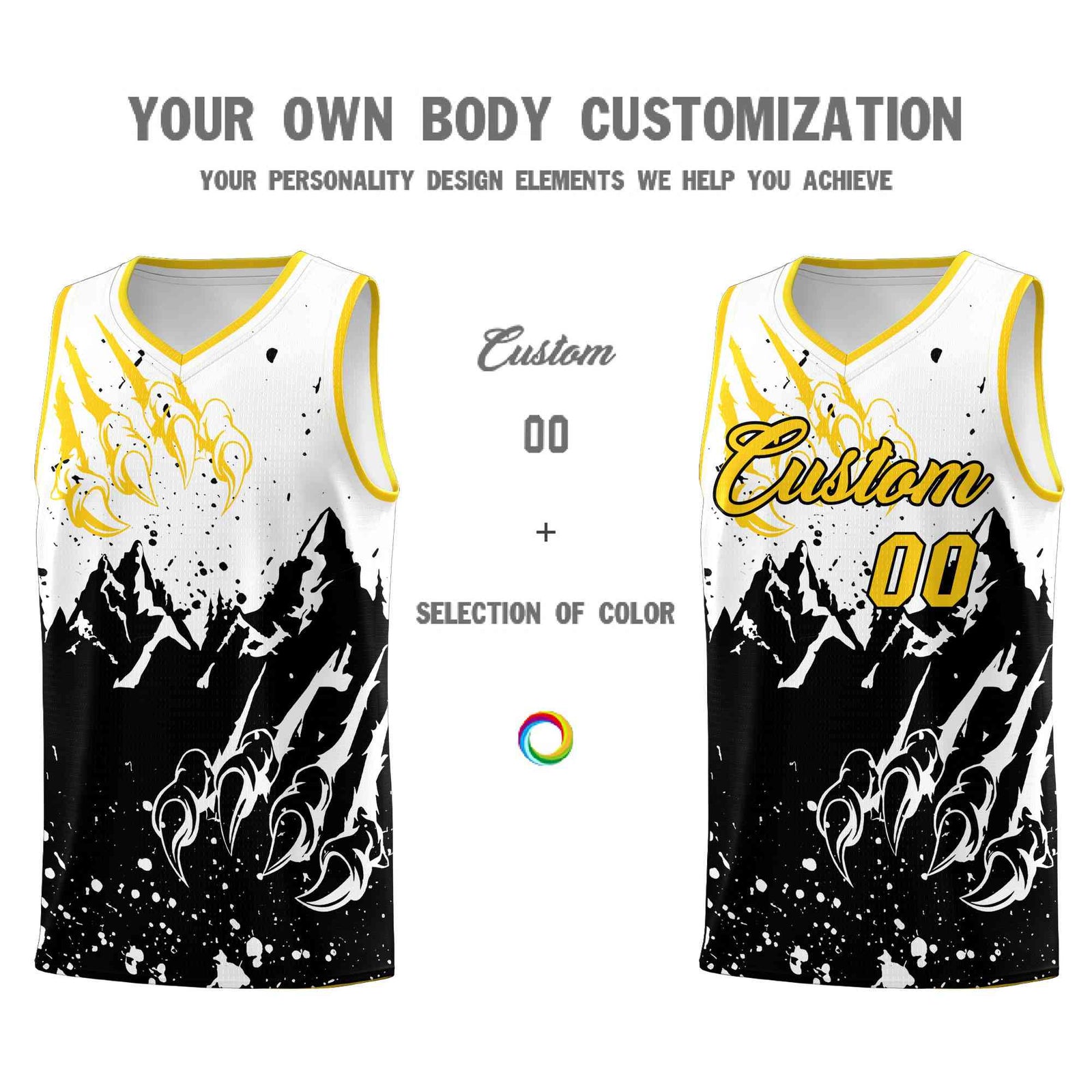 Custom White Black Snow Mountain Beast Pattern Sports Uniform Basketball Jersey