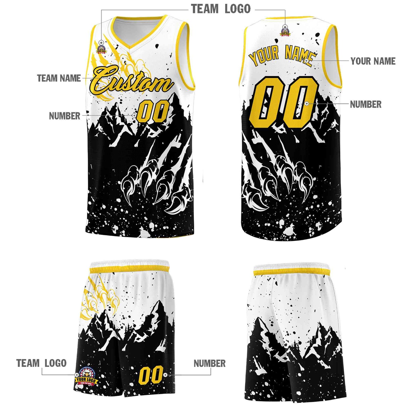 Custom White Black Snow Mountain Beast Pattern Sports Uniform Basketball Jersey