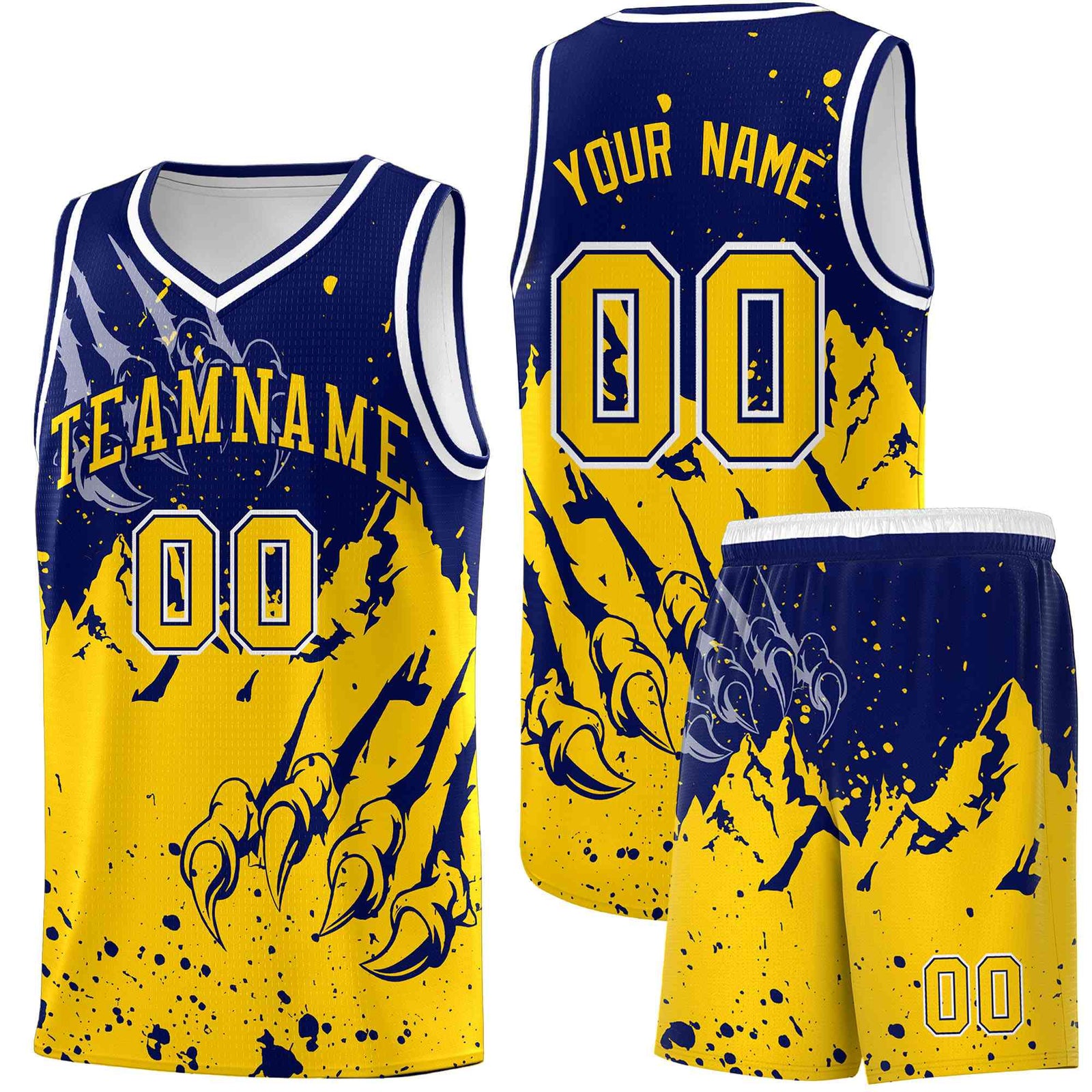 Custom Navy Gold Snow Mountain Beast Pattern Sports Uniform Basketball Jersey