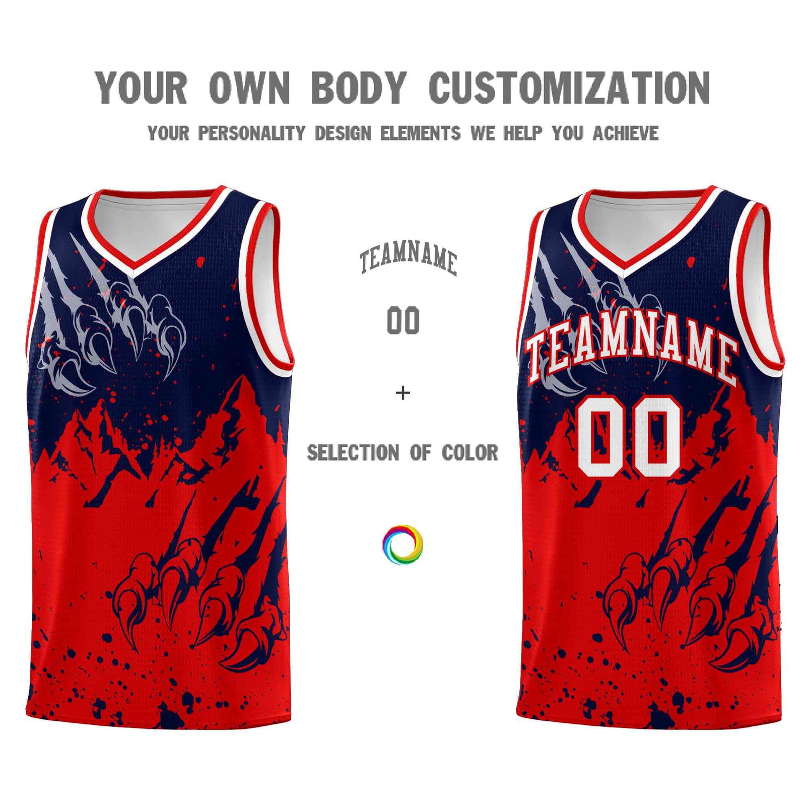 Custom Navy Red Snow Mountain Beast Pattern Sports Uniform Basketball Jersey