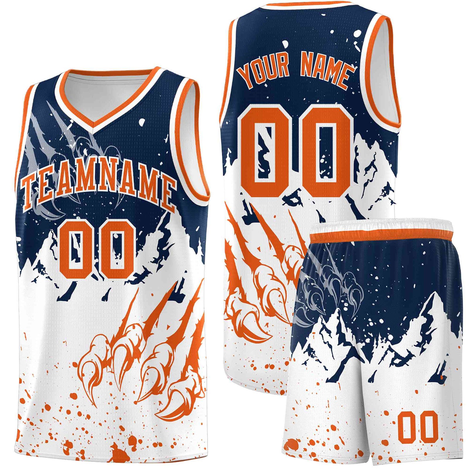 Custom Navy Orange Snow Mountain Beast Pattern Sports Uniform Basketball Jersey