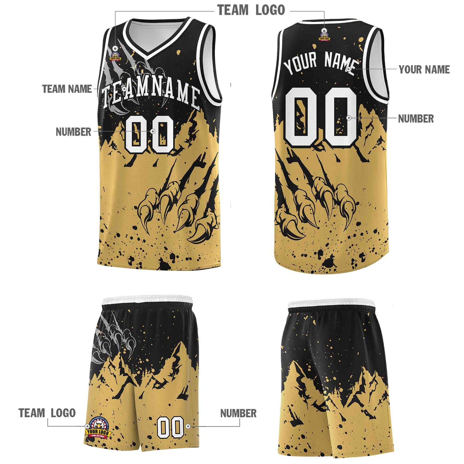 Custom Black Old Gold Snow Mountain Beast Pattern Sports Uniform Basketball Jersey