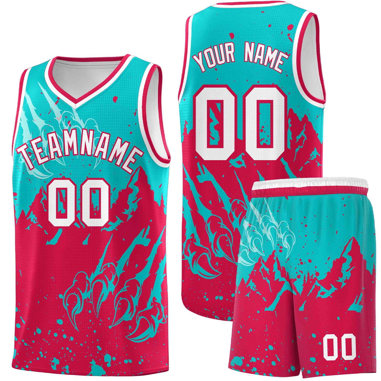 Custom Aqua Red Snow Mountain Beast Pattern Sports Uniform Basketball Jersey
