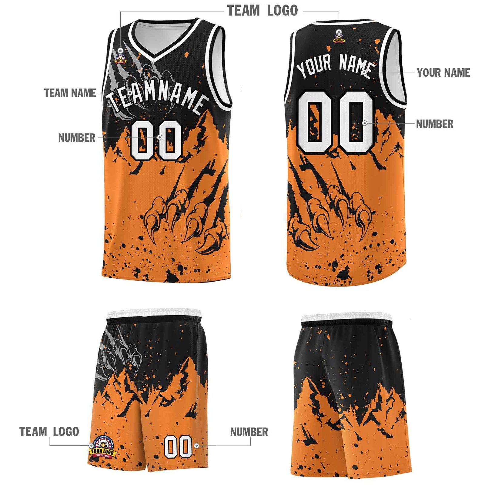 Custom Black Gold Orange Snow Mountain Beast Pattern Sports Uniform Basketball Jersey