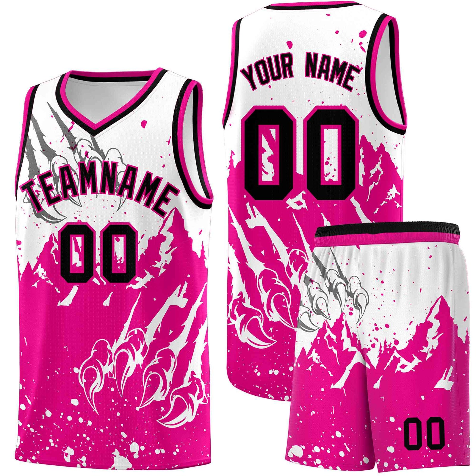 Custom White Pink Snow Mountain Beast Pattern Sports Uniform Basketball Jersey