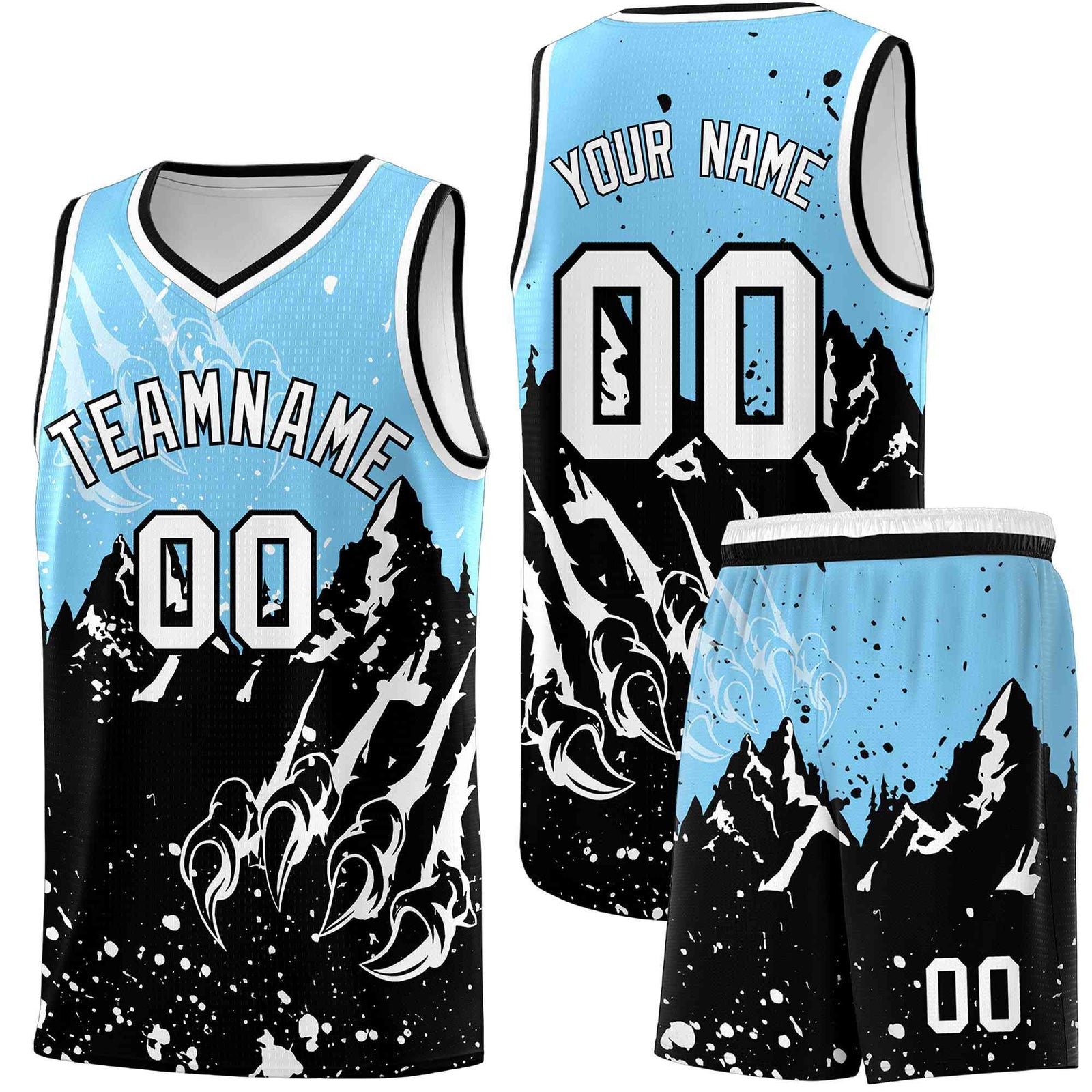 Custom Light Blue Black Snow Mountain Beast Pattern Sports Uniform Basketball Jersey