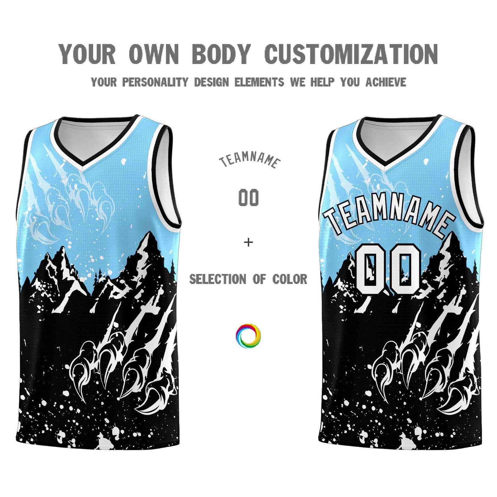 Custom Light Blue Black Snow Mountain Beast Pattern Sports Uniform Basketball Jersey