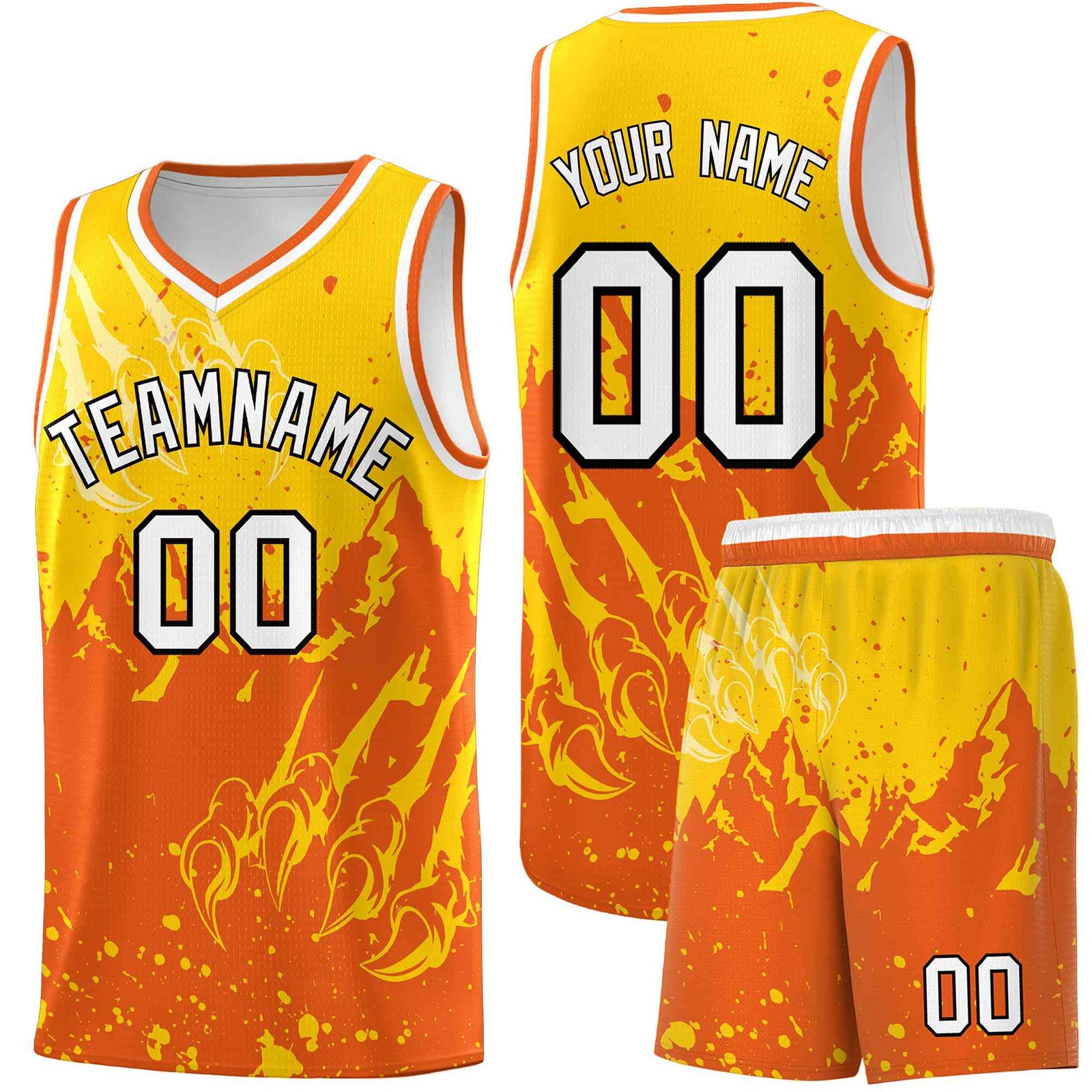 Custom Gold Orange Snow Mountain Beast Pattern Sports Uniform Basketball Jersey