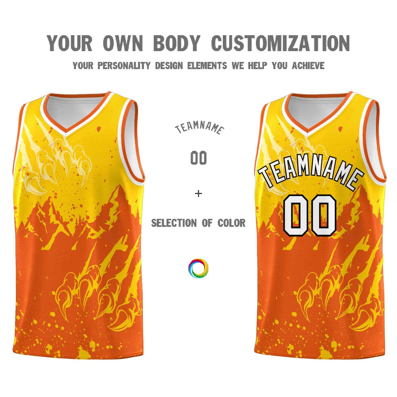 Custom Gold Orange Snow Mountain Beast Pattern Sports Uniform Basketball Jersey