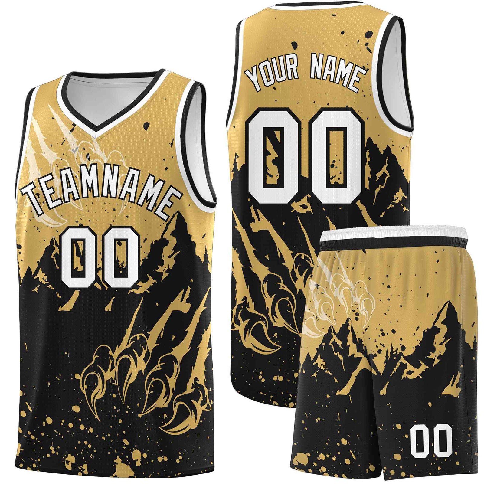 Custom Old Gold Black Snow Mountain Beast Pattern Sports Uniform Basketball Jersey