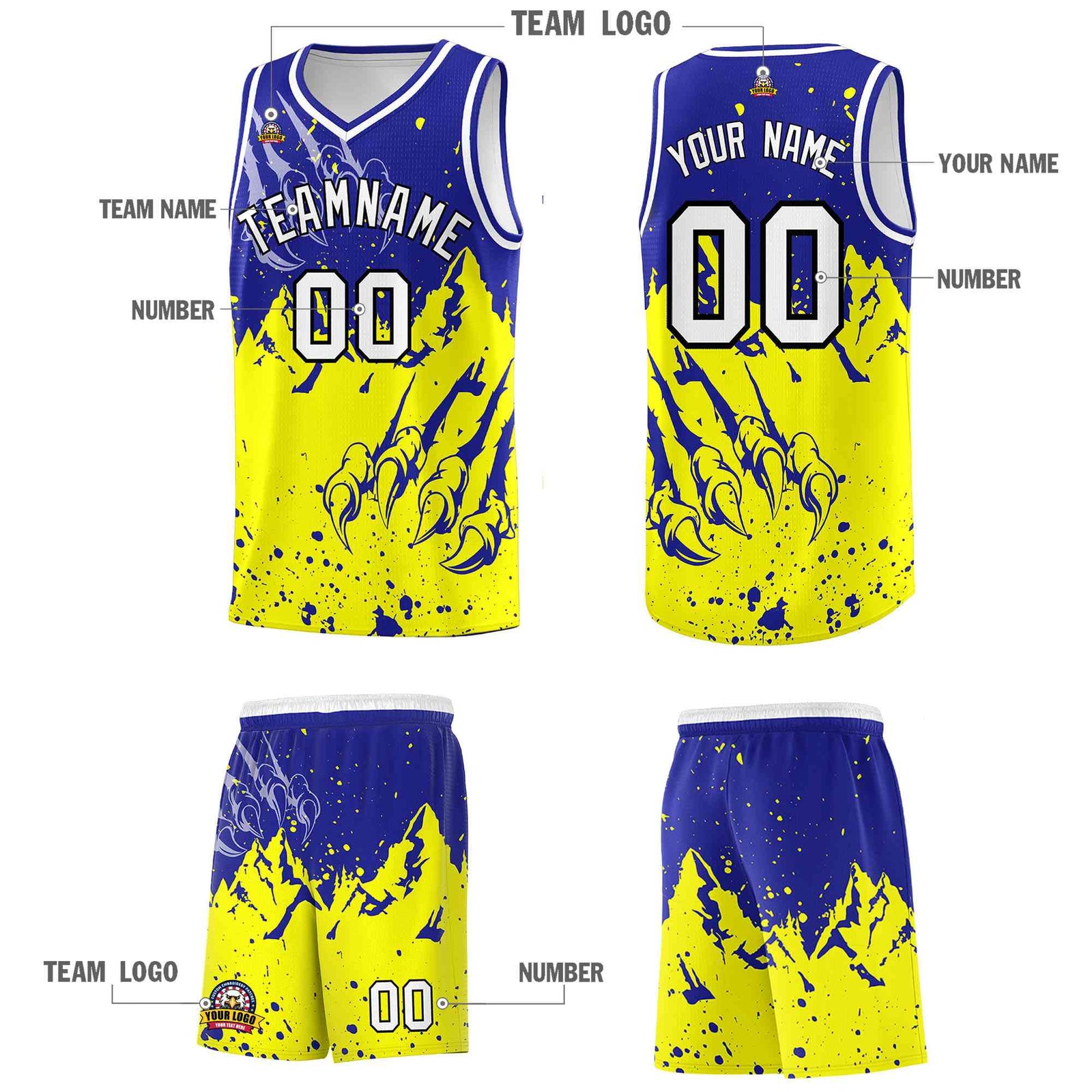 Custom Royal Fluorescent Yellow Snow Mountain Beast Pattern Sports Uniform Basketball Jersey