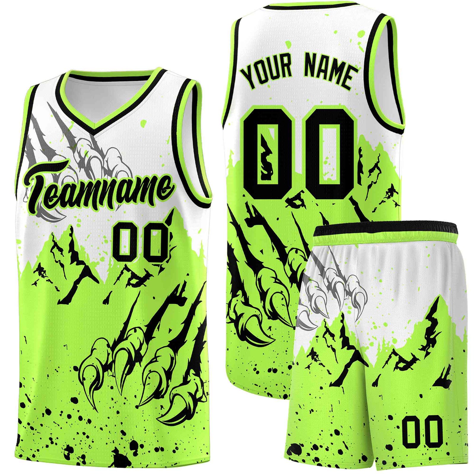 Custom White Fluorescent Green Snow Mountain Beast Pattern Sports Uniform Basketball Jersey
