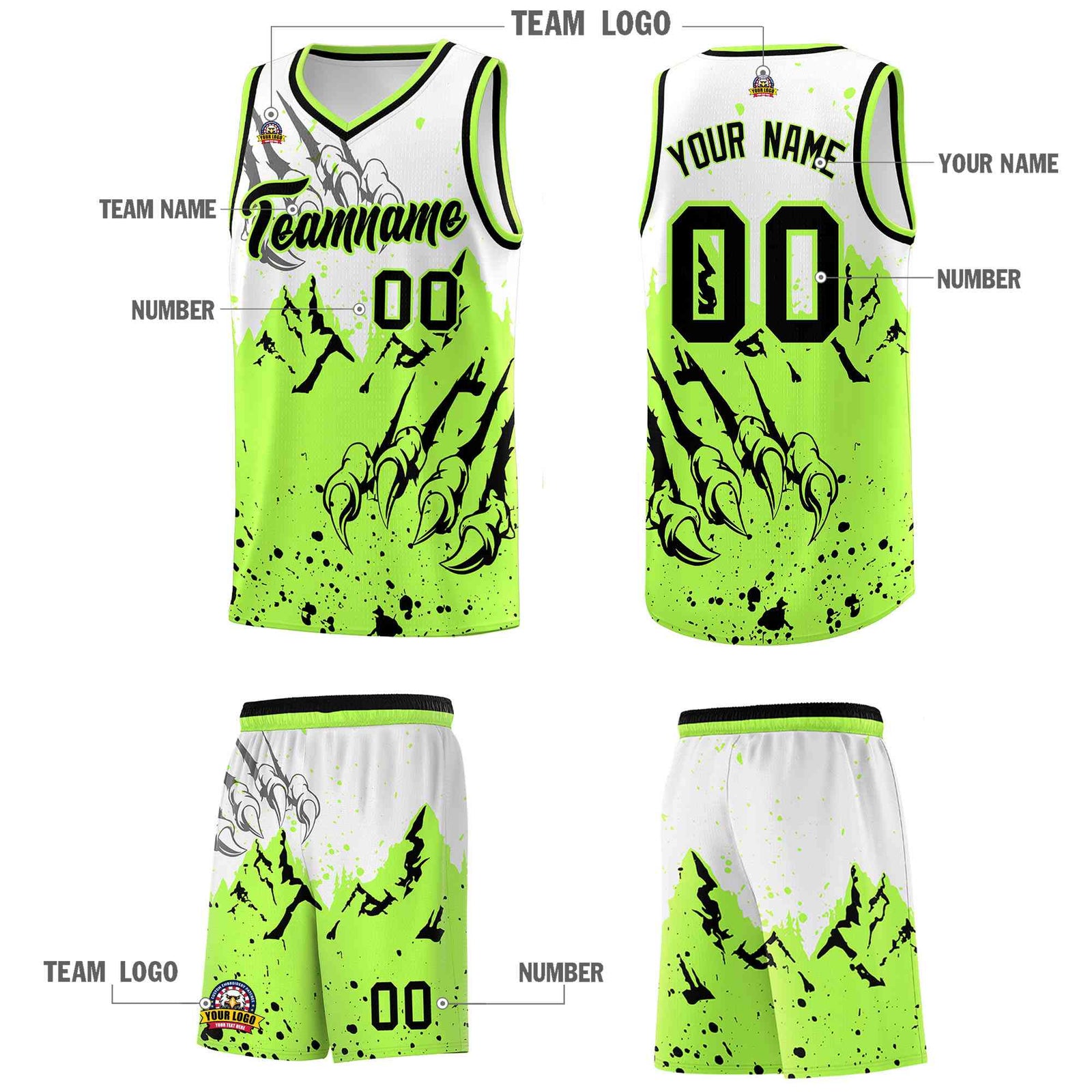 Custom White Fluorescent Green Snow Mountain Beast Pattern Sports Uniform Basketball Jersey