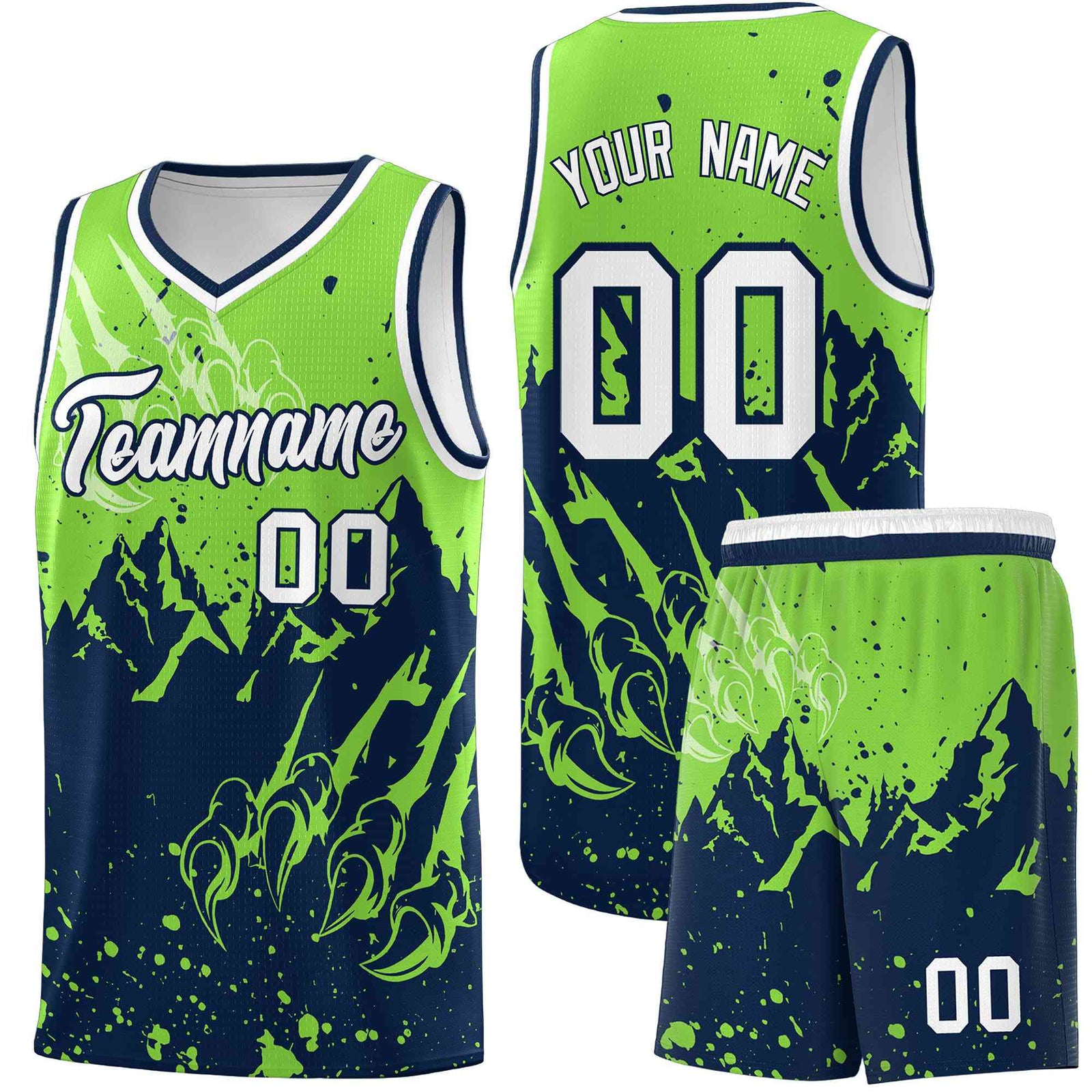 Custom Fluorescent Green Navy Snow Mountain Beast Pattern Sports Uniform Basketball Jersey