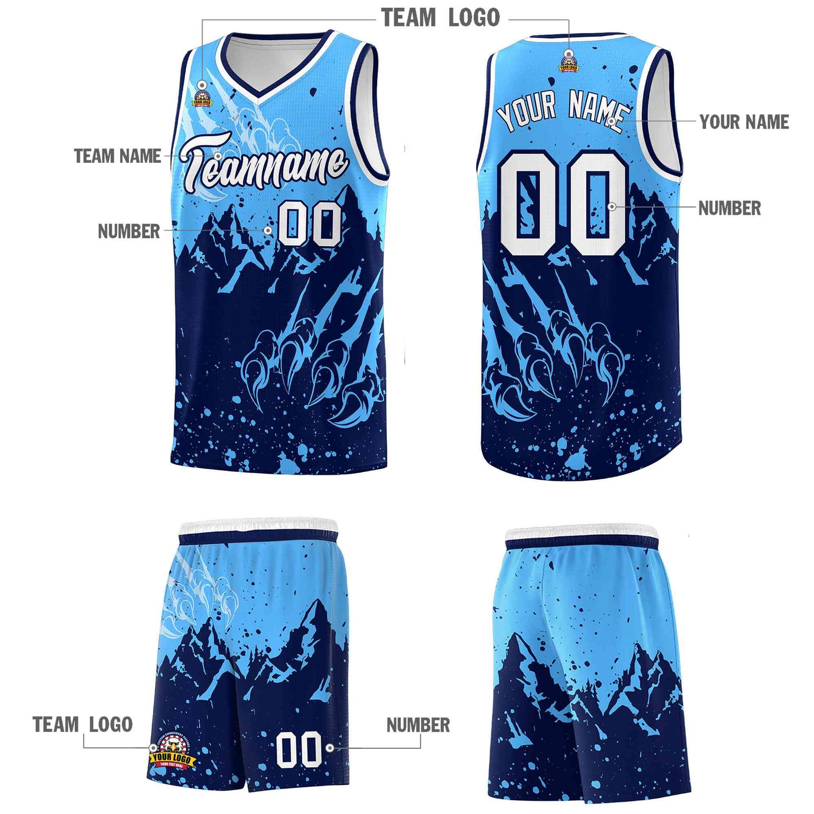 Custom Powder Blue Navy Snow Mountain Beast Pattern Sports Uniform Basketball Jersey