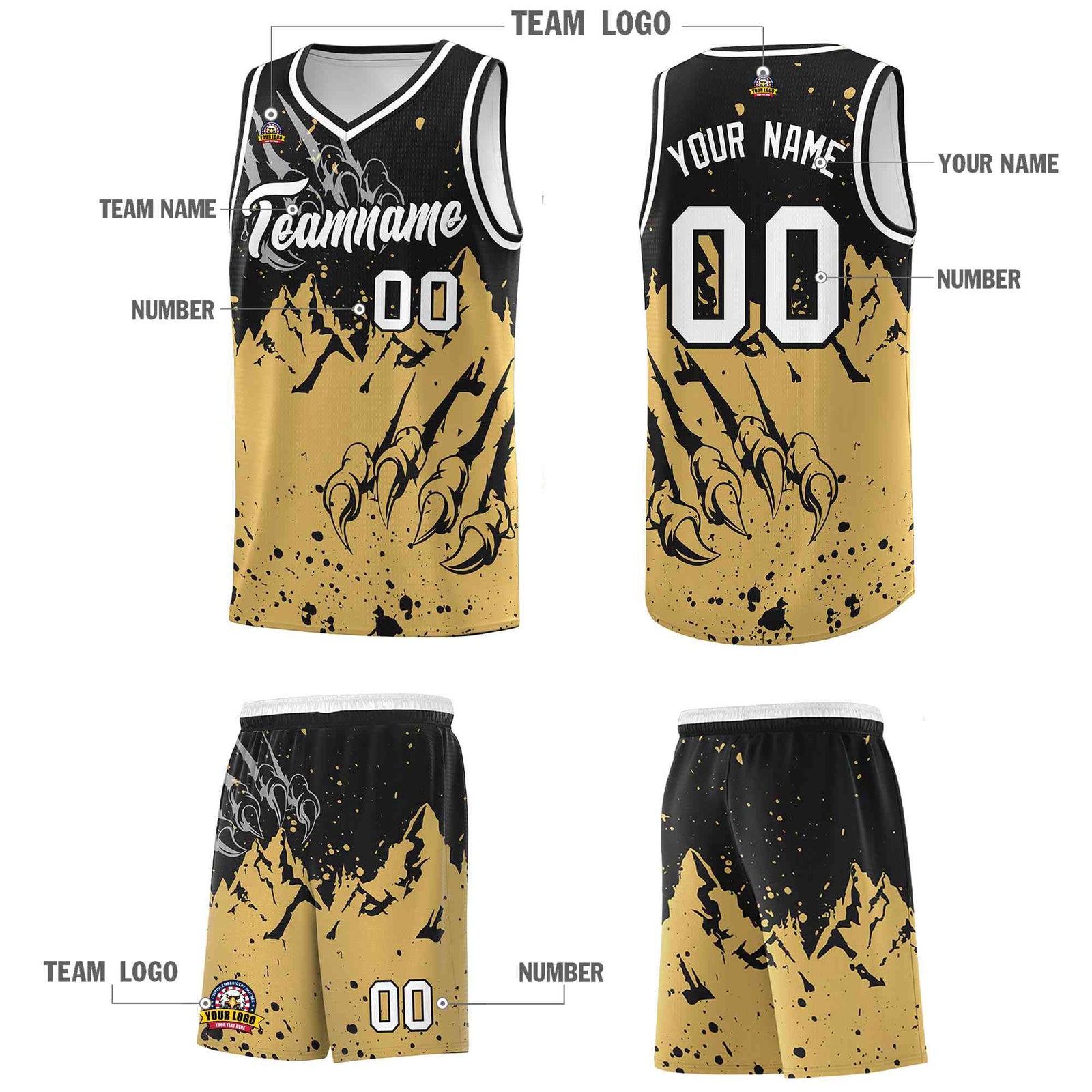 Custom Black Old Gold Snow Mountain Beast Pattern Sports Uniform Basketball Jersey