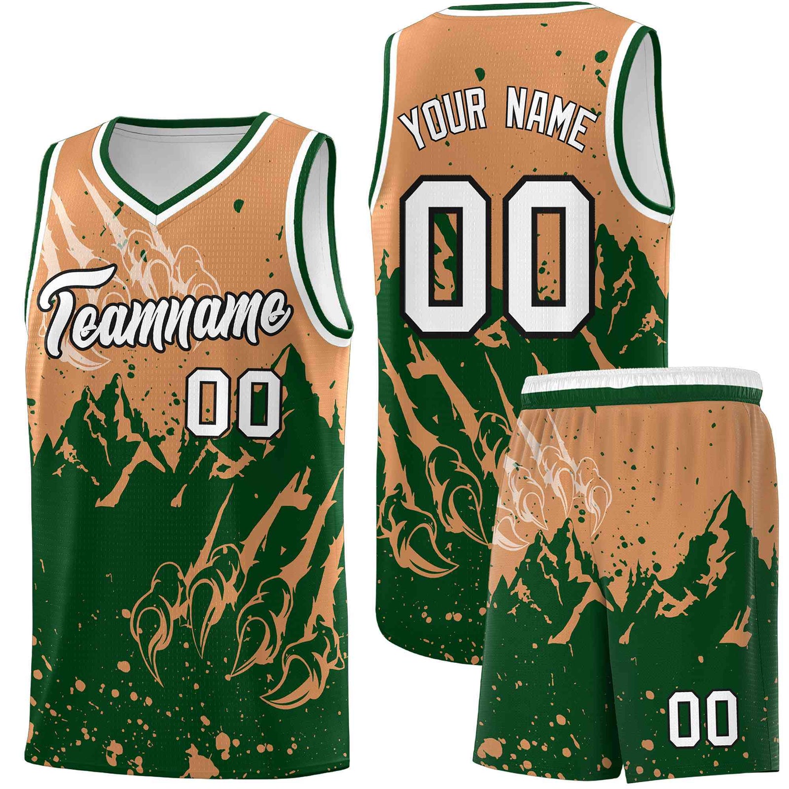 Custom Buckskin Brown Green Snow Mountain Beast Pattern Sports Uniform Basketball Jersey