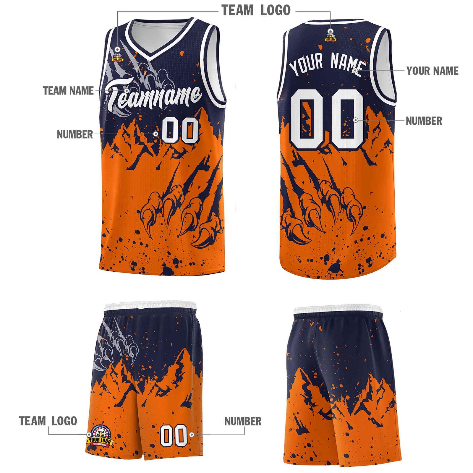 Custom Navy Orange Snow Mountain Beast Pattern Sports Uniform Basketball Jersey
