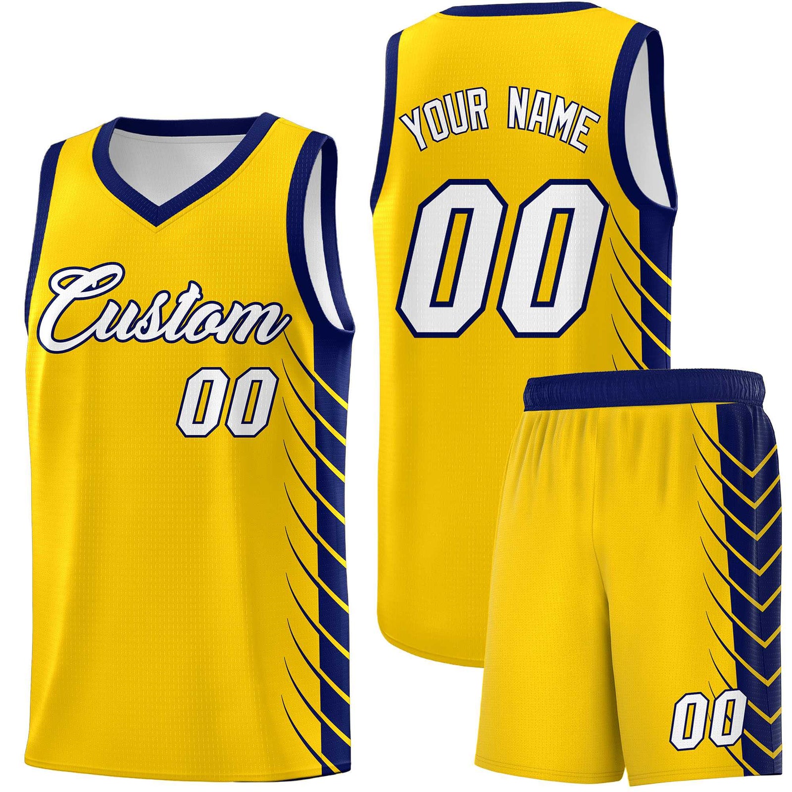 Custom Gold Navy Personalized Side Symmetrical Line Pattern Sports Uniform Basketball Jersey