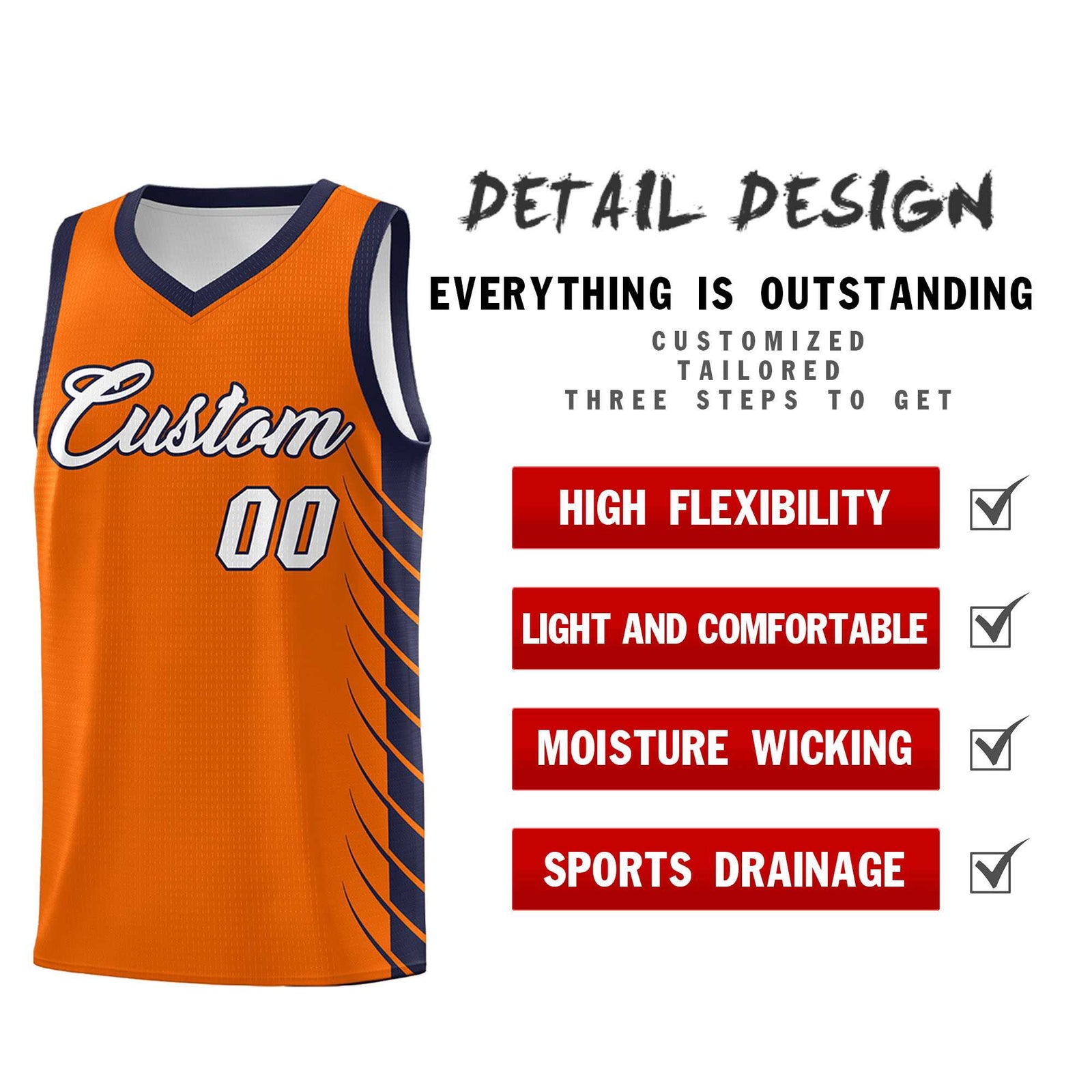 Custom Orange Navy Personalized Side Symmetrical Line Pattern Sports Uniform Basketball Jersey