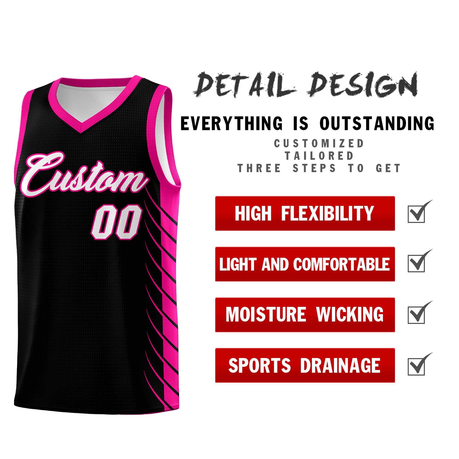 Custom Black Pink Personalized Side Symmetrical Line Pattern Sports Uniform Basketball Jersey