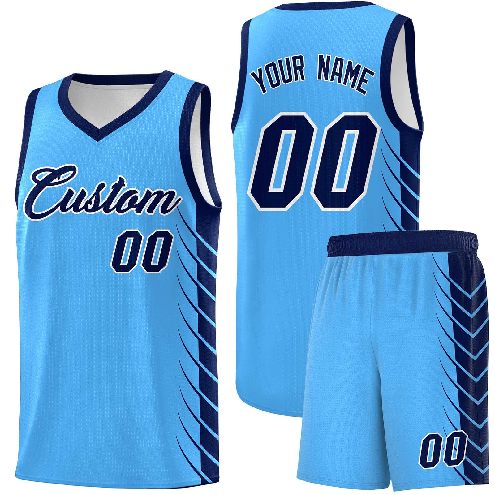 Custom Powder Blue Navy Personalized Side Symmetrical Line Pattern Sports Uniform Basketball Jersey
