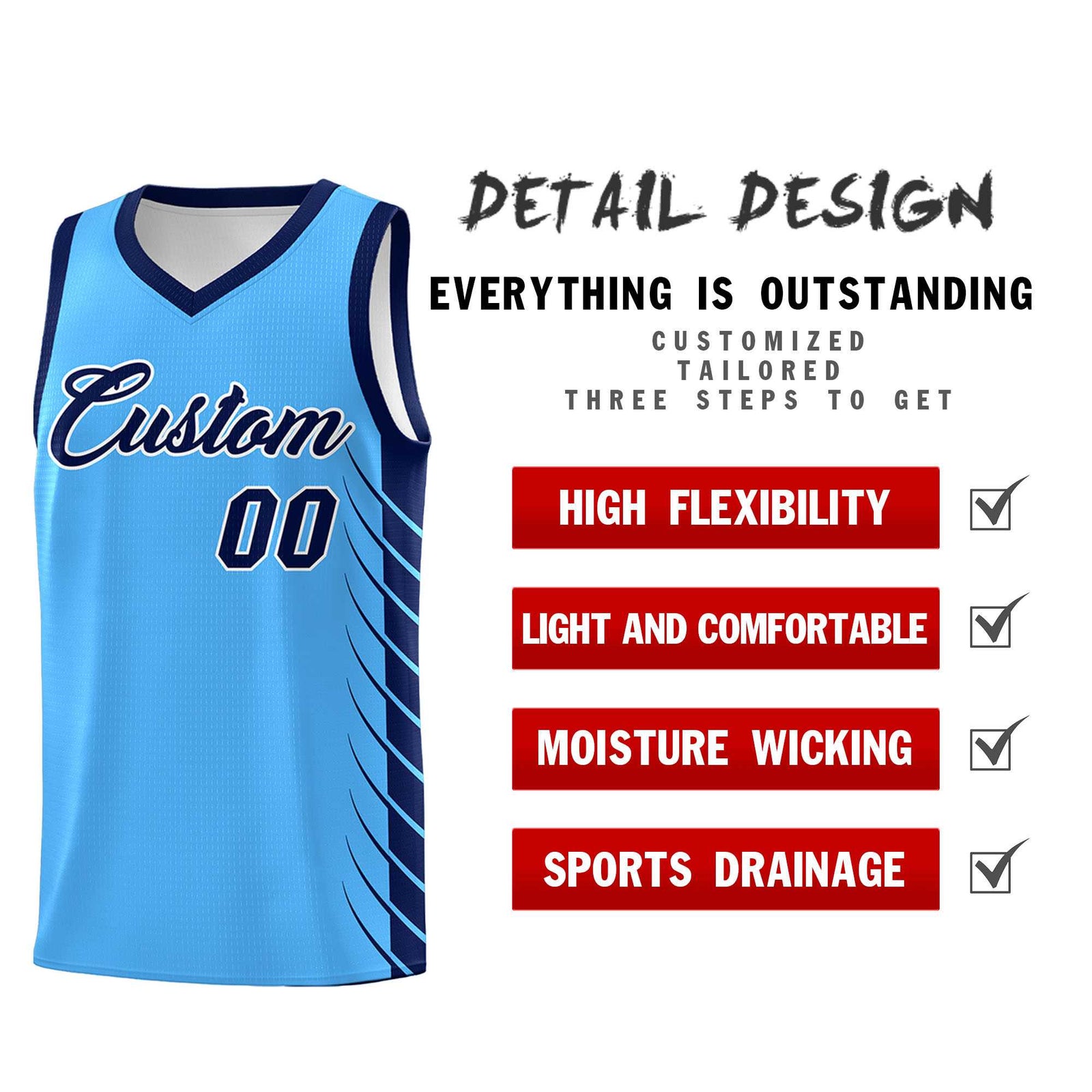 Custom Powder Blue Navy Personalized Side Symmetrical Line Pattern Sports Uniform Basketball Jersey