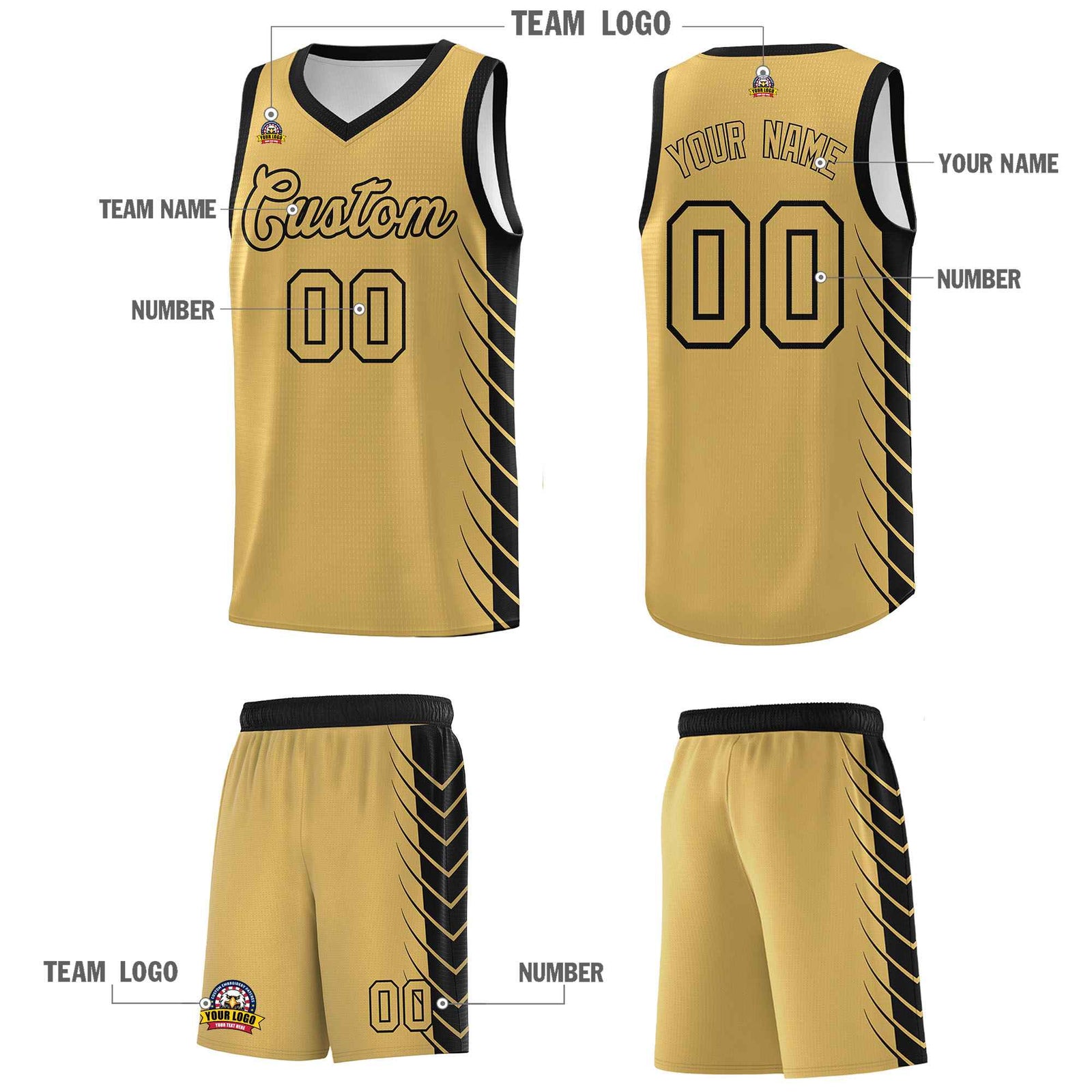Custom Old Gold Black Personalized Side Symmetrical Line Pattern Sports Uniform Basketball Jersey| KXKSHOP
