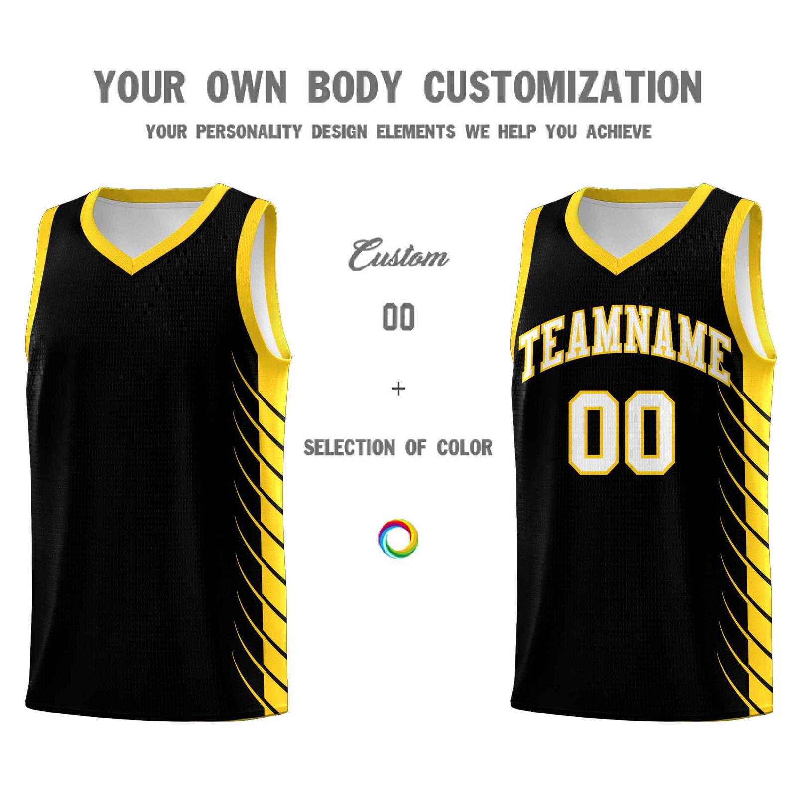 Custom Black Gold Personalized Side Symmetrical Line Pattern Sports Uniform Basketball Jersey