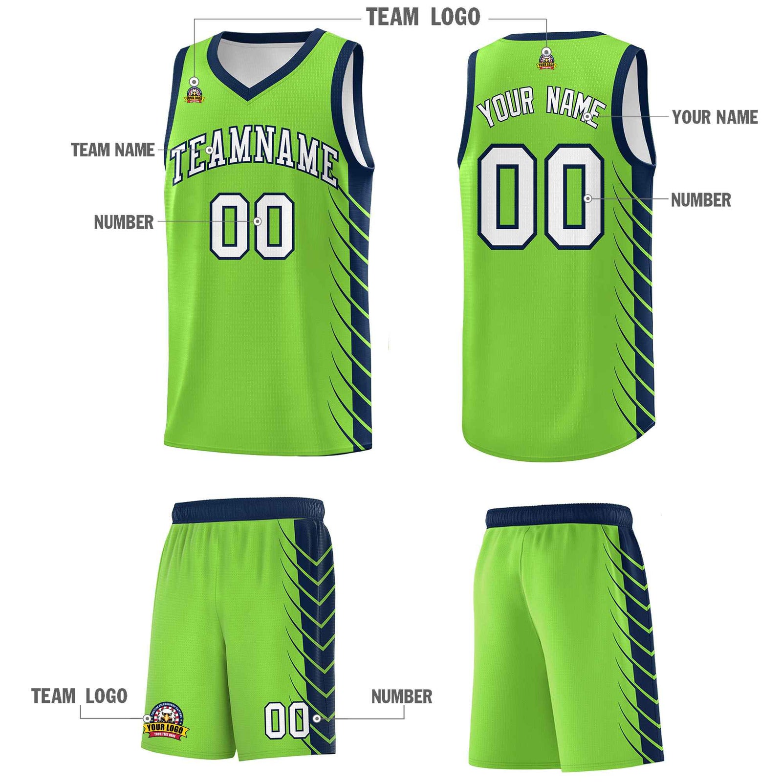 Custom Fluorescent Green Navy Personalized Side Symmetrical Line Pattern Sports Uniform Basketball Jersey