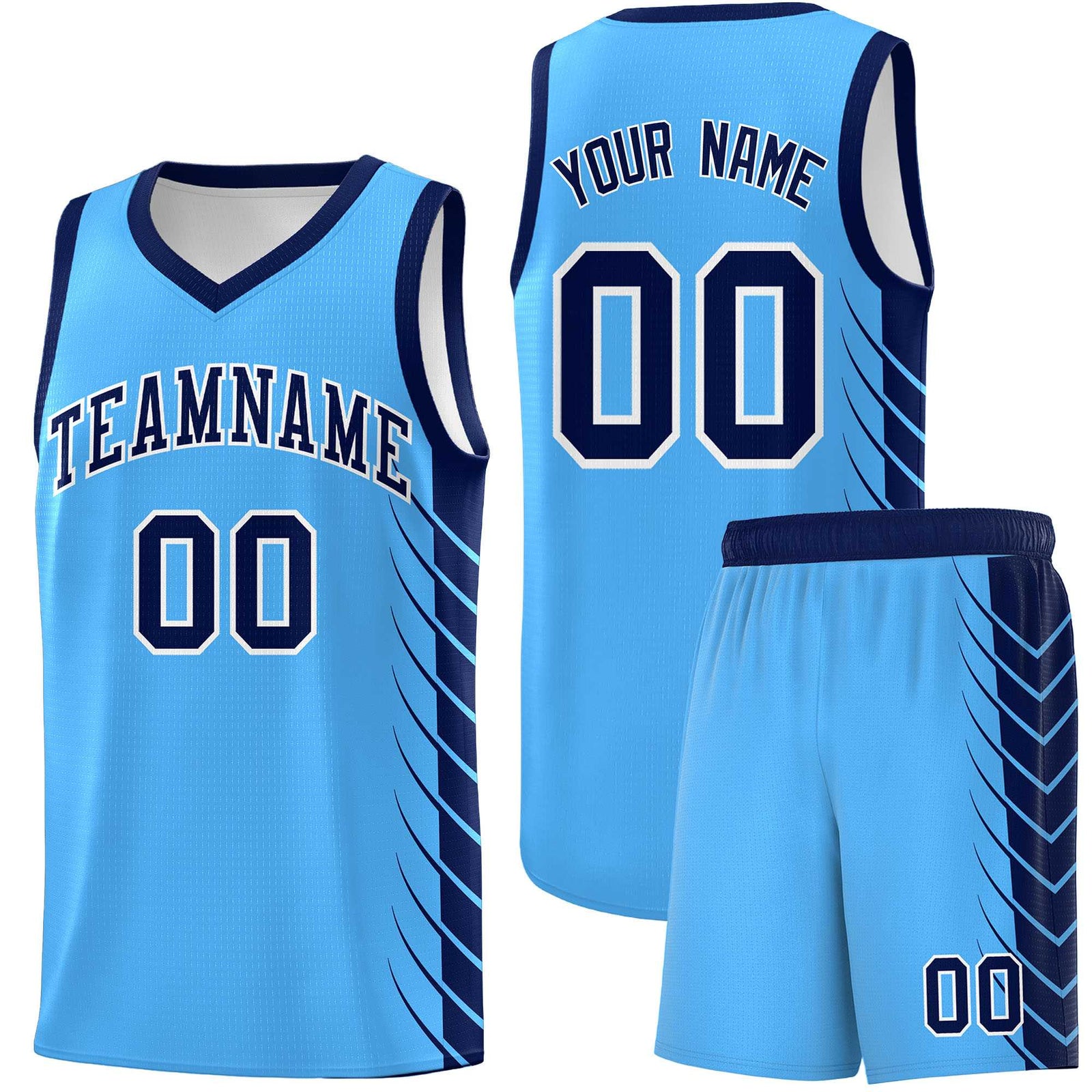 Custom Powder Blue Navy Personalized Side Symmetrical Line Pattern Sports Uniform Basketball Jersey