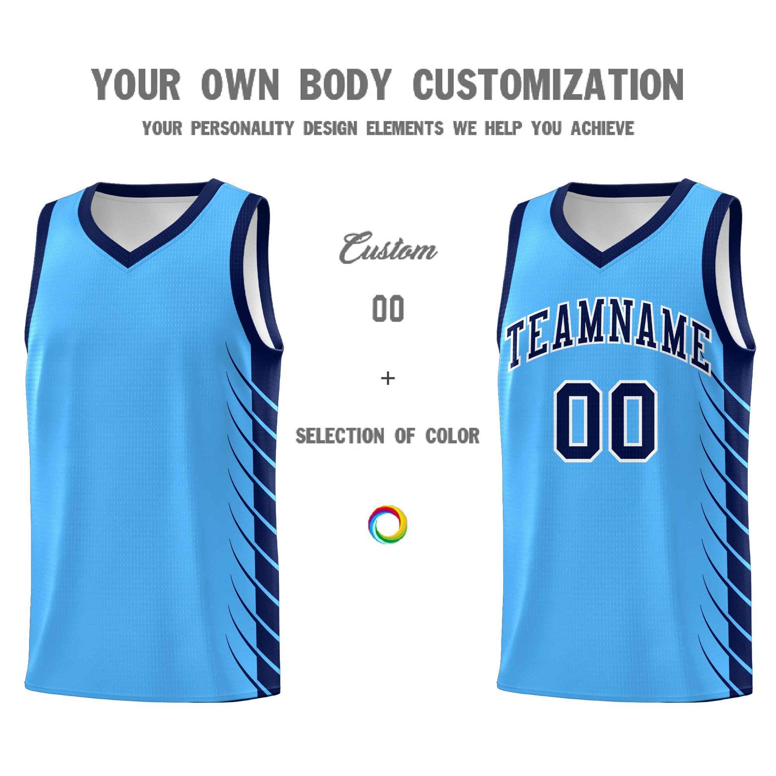 Custom Powder Blue Navy Personalized Side Symmetrical Line Pattern Sports Uniform Basketball Jersey