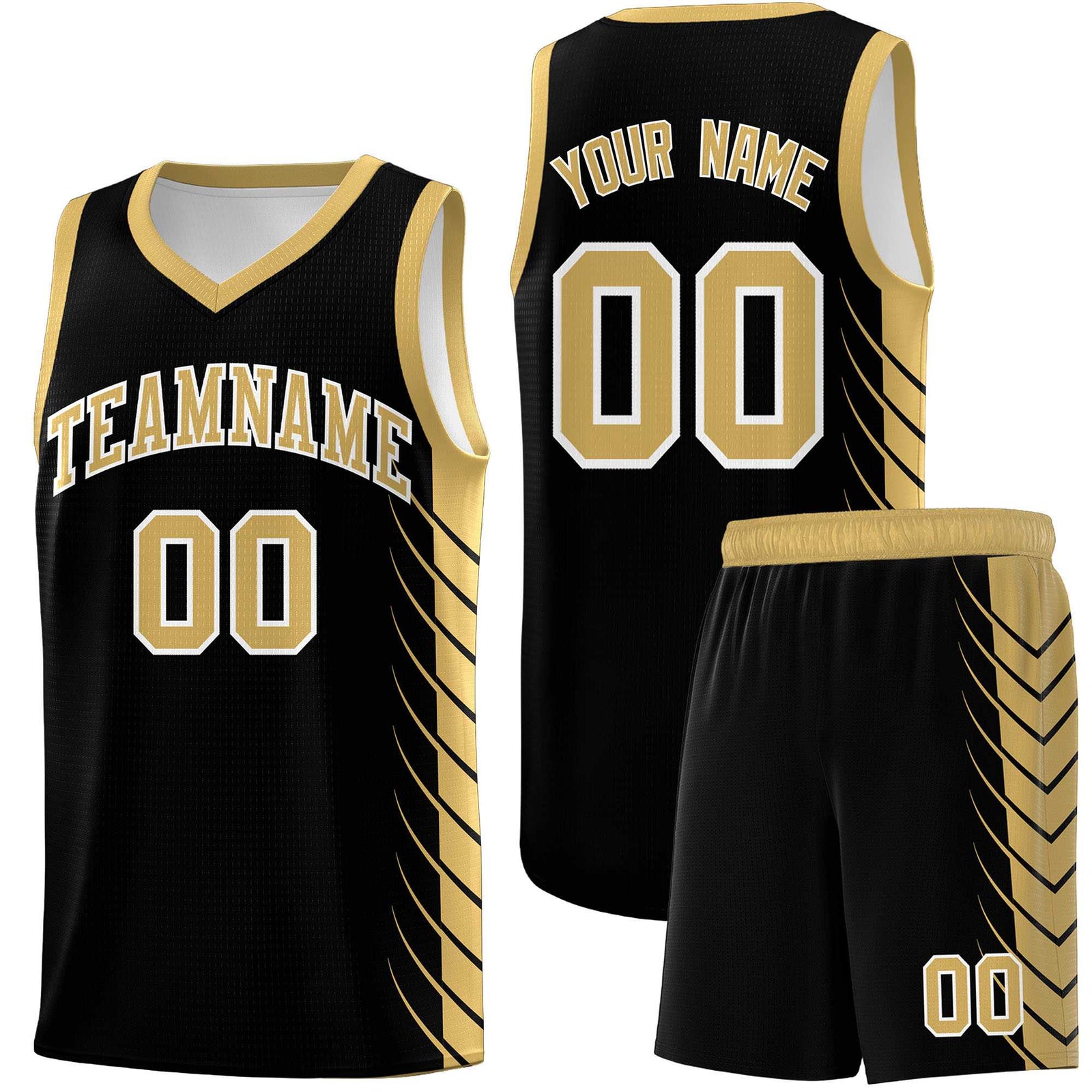 Custom Black Old Gold Personalized Side Symmetrical Line Pattern Sports Uniform Basketball Jersey