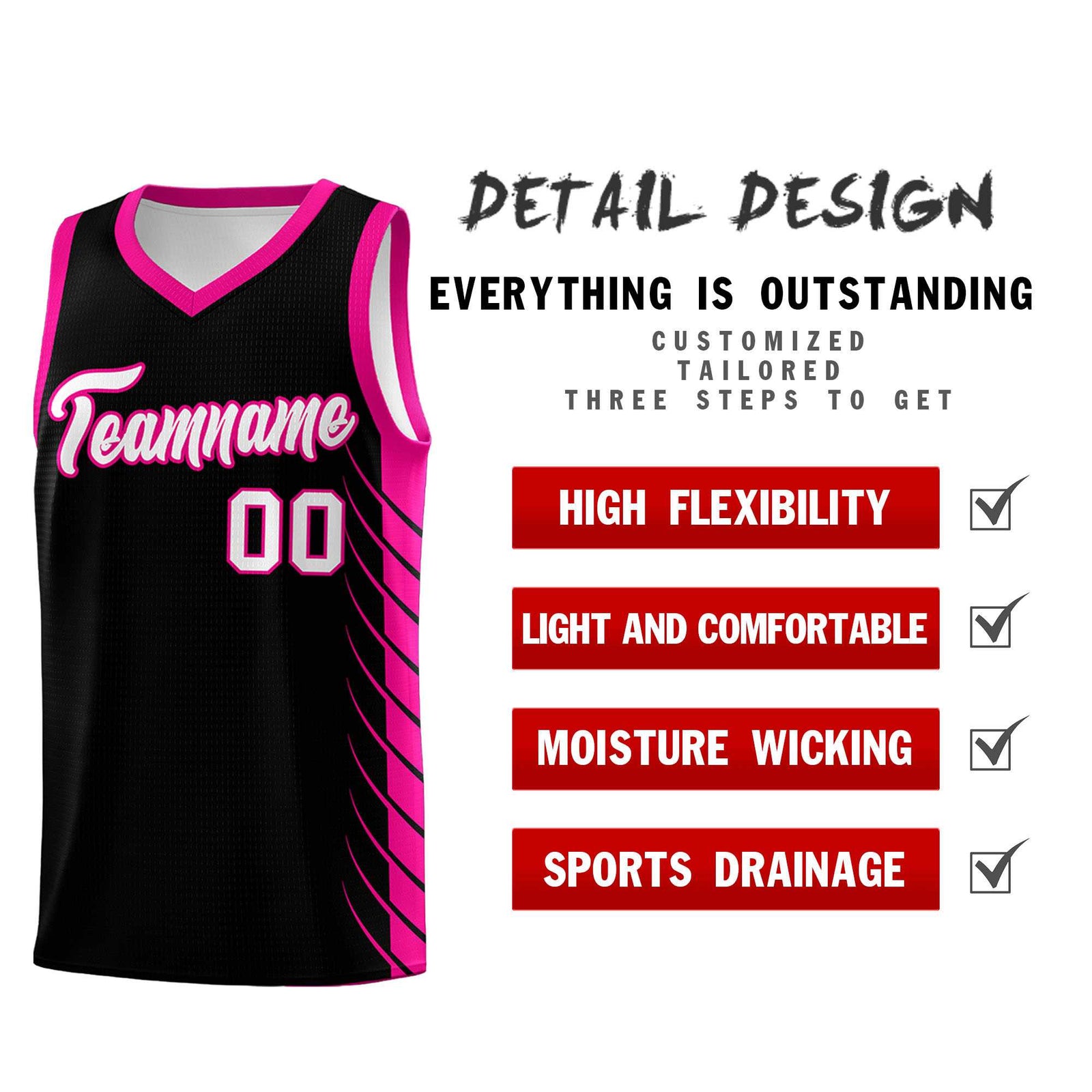 Custom Black Pink Personalized Side Symmetrical Line Pattern Sports Uniform Basketball Jersey