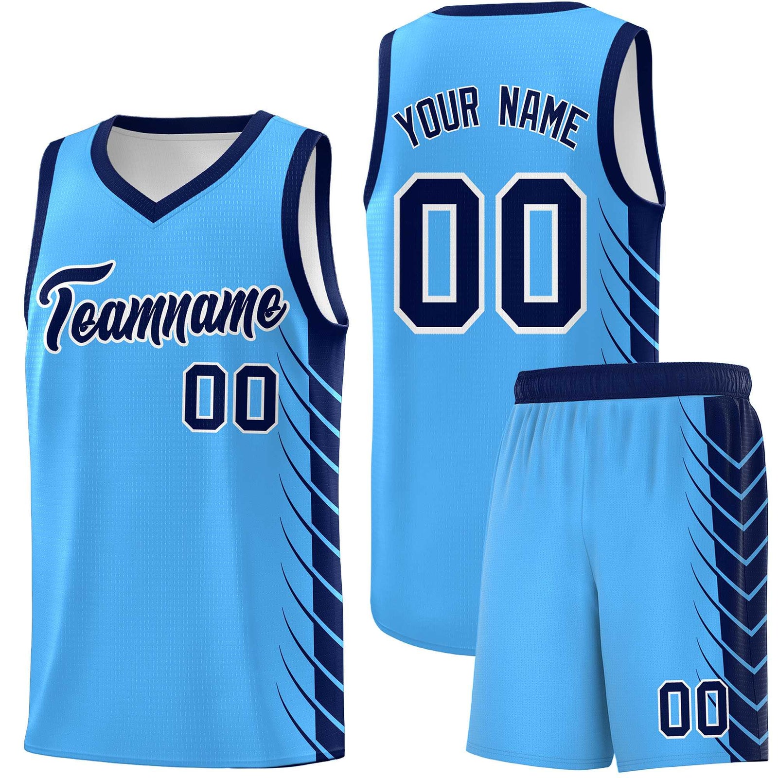 Custom Powder Blue Navy Personalized Side Symmetrical Line Pattern Sports Uniform Basketball Jersey