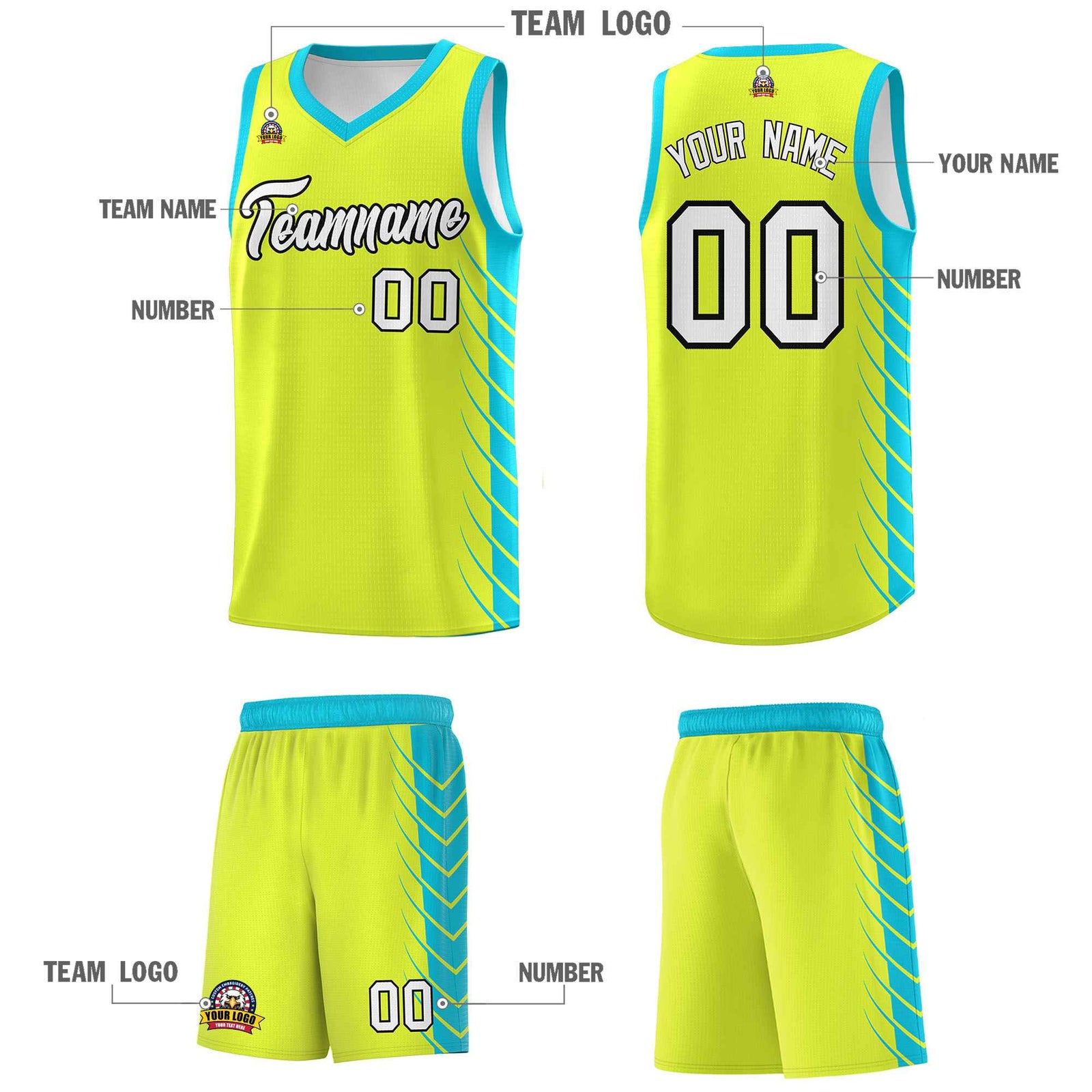 Custom Fluorescent Green Sky Blue Personalized Side Symmetrical Line Pattern Sports Uniform Basketball Jersey