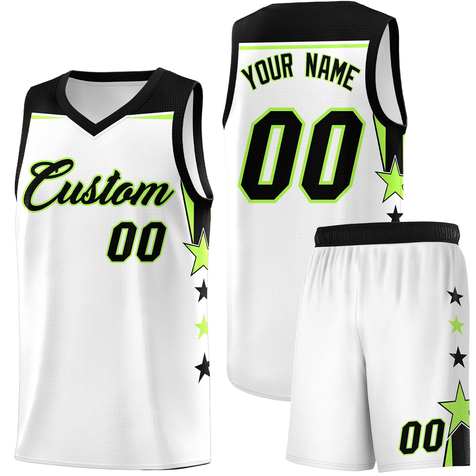 Custom Youth Basketball Uniform White Black Two Tone Side Star Add Name Number & Logo